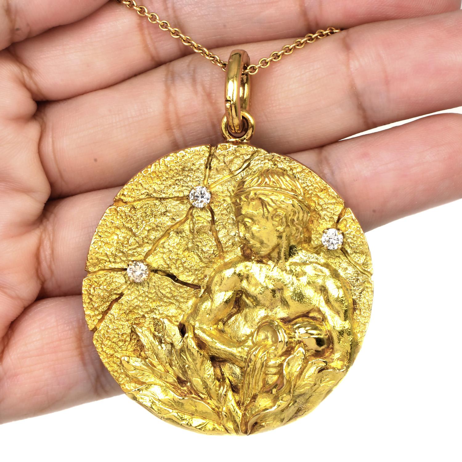 Tiffany & Co. Diamond 18K Yellow Gold Aquarius Zodiac Medallion Pendant In Excellent Condition In Miami, FL