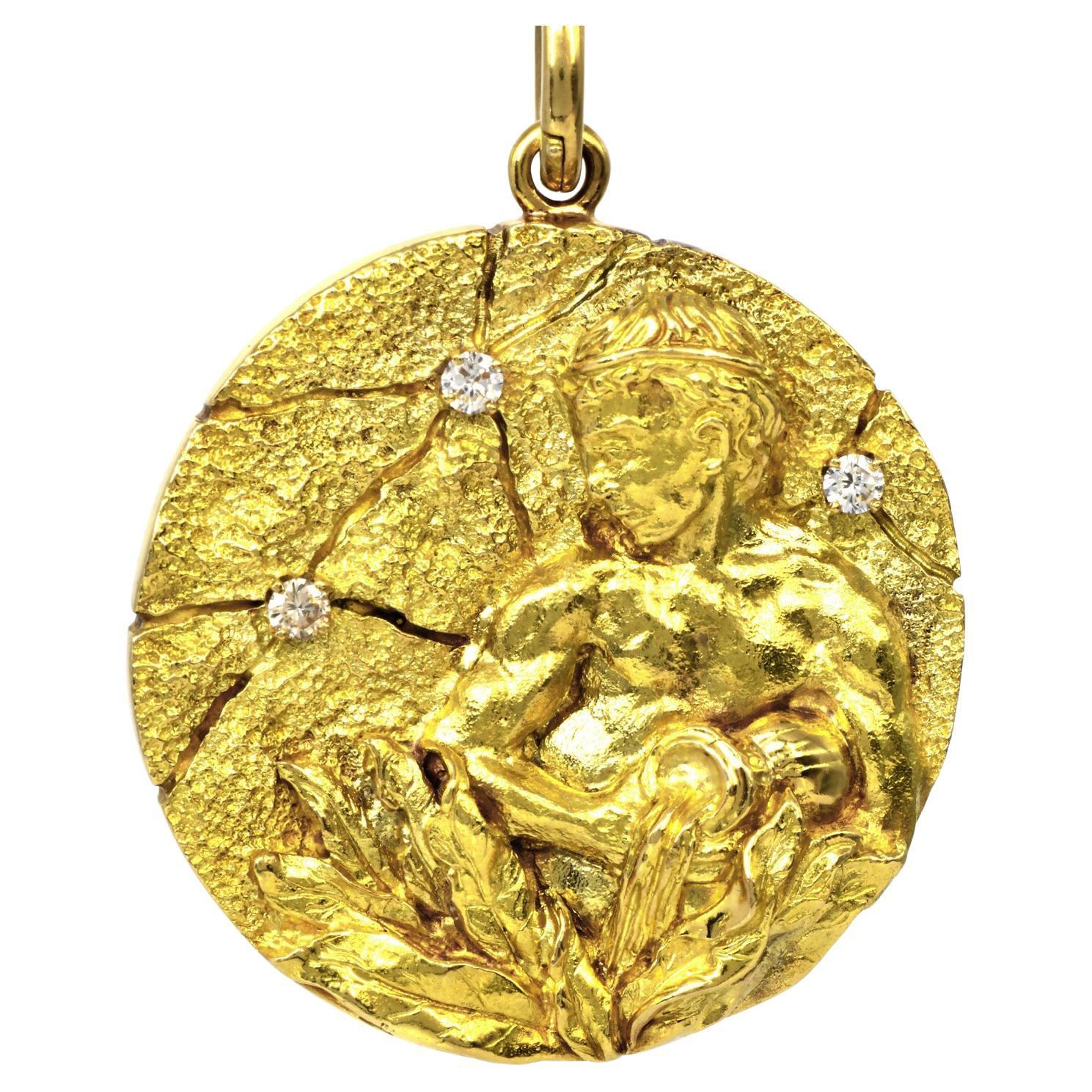 Tiffany & Co. Diamond 18K Yellow Gold Aquarius Zodiac Medallion Pendant