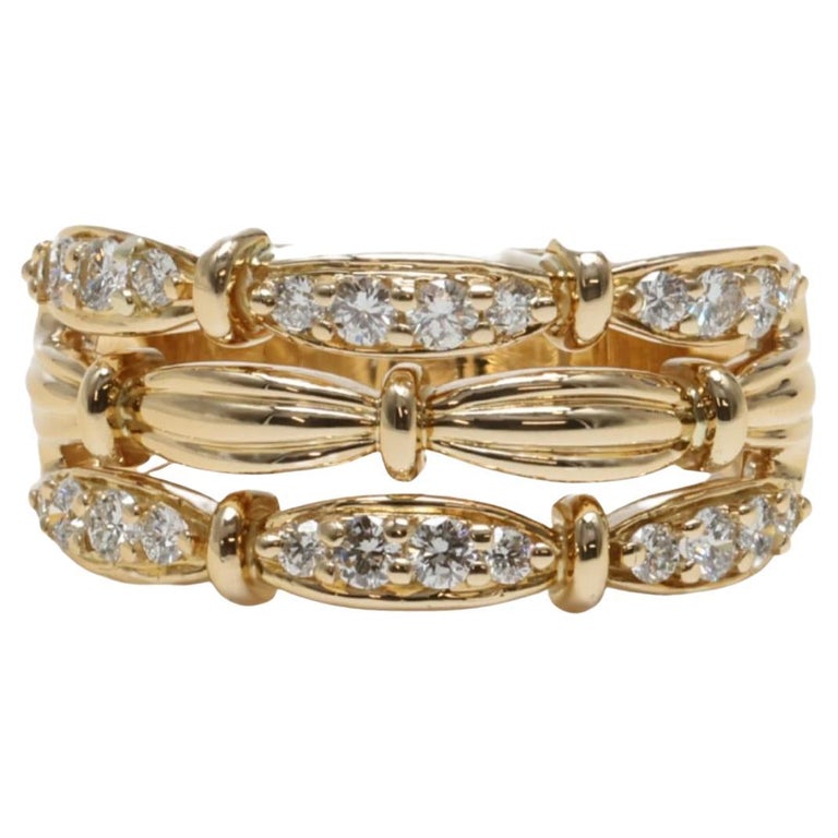 Bague En Or Jaune 18 Carats - Sertie De 3 Rangées De Diamants - Taille 54 - Occasion