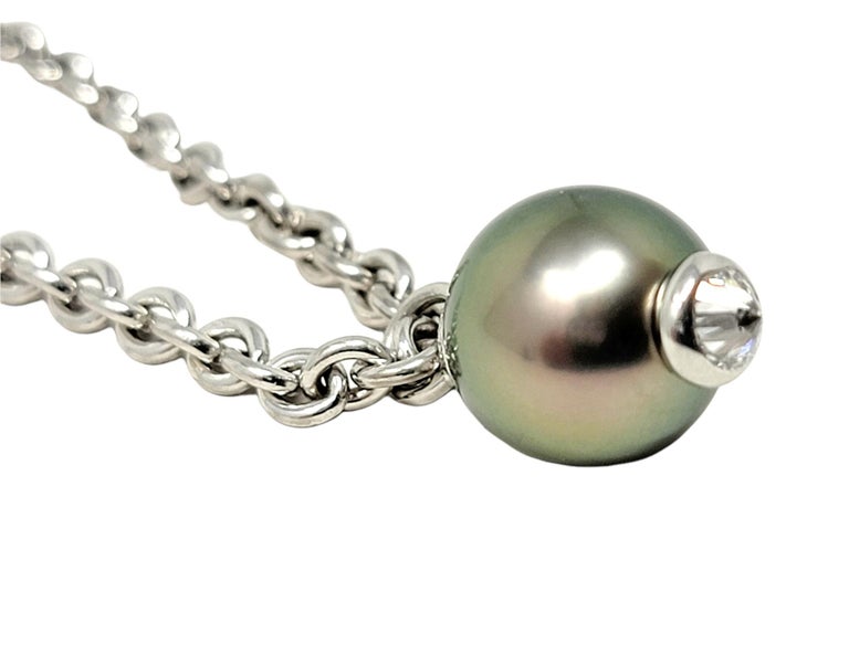 Contemporary Tiffany & Co. Diamond and Cultured Tahitian Pearl Pendant Necklace in White Gold For Sale