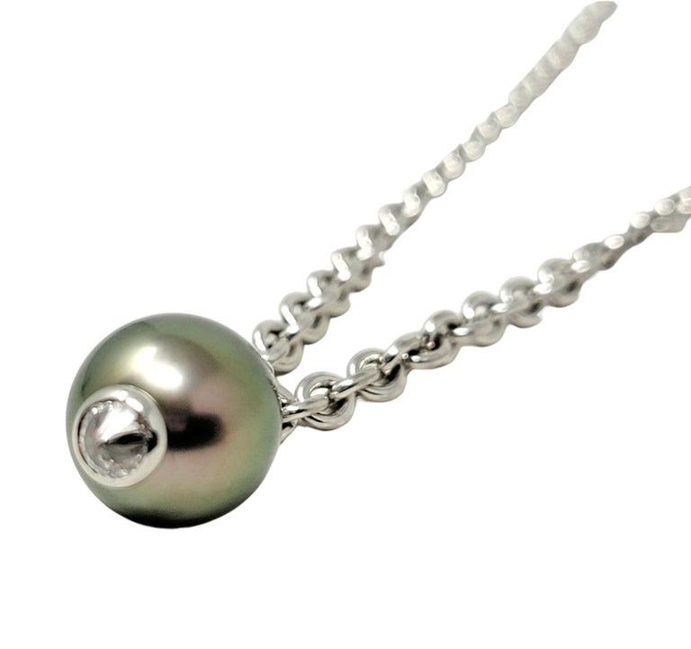 Round Cut Tiffany & Co. Diamond and Cultured Tahitian Pearl Pendant Necklace in White Gold For Sale