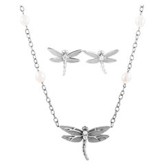 Tiffany & Co. Diamond and Enamel Pearl Gold Dragonfly Necklace and Earring Set