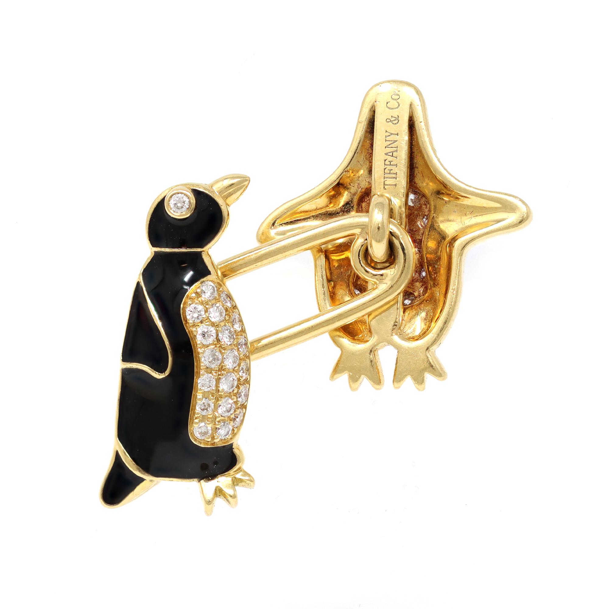 Round Cut Tiffany & Co. Diamond and Enamel Penguin Cufflink and Studs Set in 18 Karat Gold