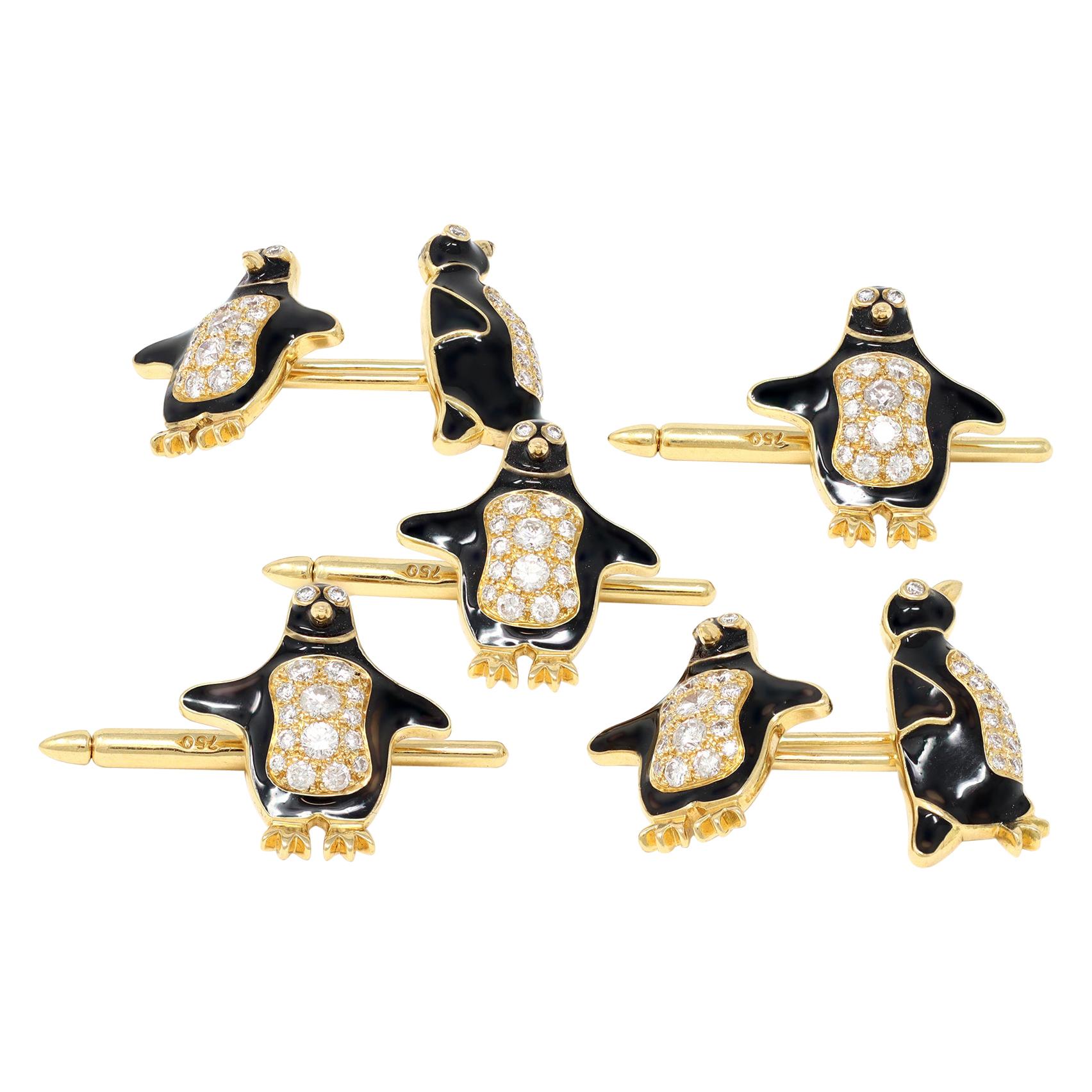 Tiffany & Co. Diamond and Enamel Penguin Cufflink and Studs Set in 18 Karat Gold