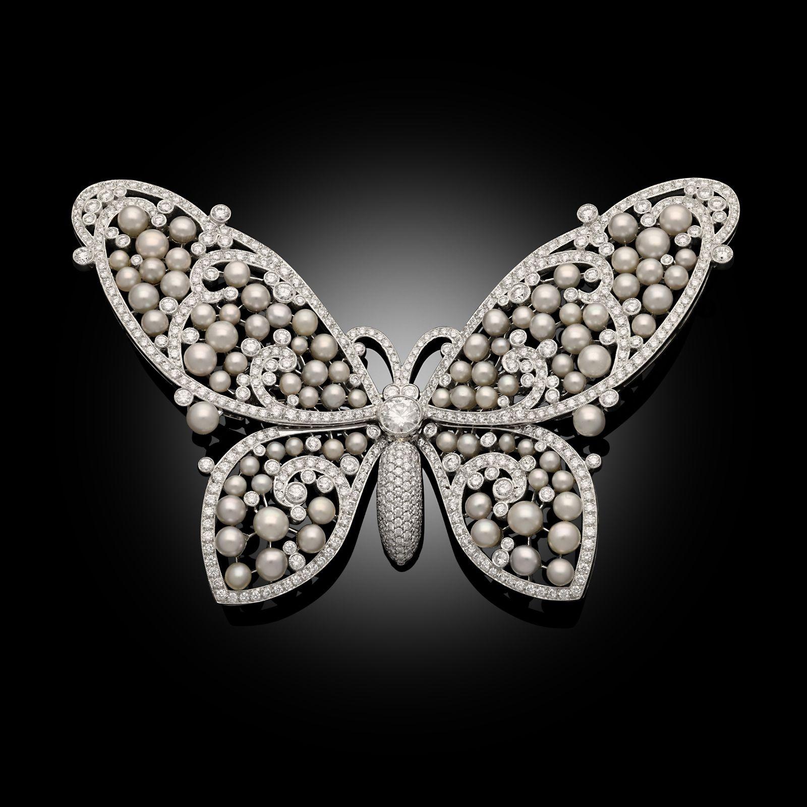Tiffany & Co. Broche Mariposa de Diamantes y Perlas Keshi Circa 2012 en Bueno estado para la venta en London, GB