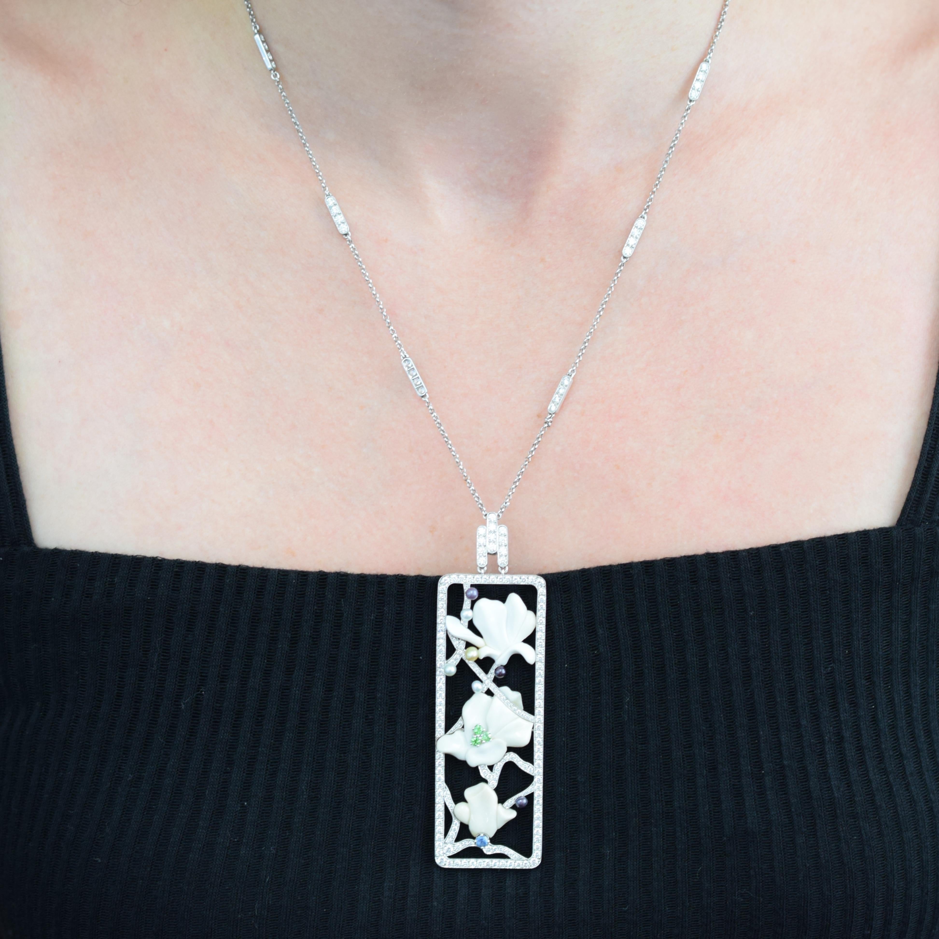 Round Cut Tiffany & Co. Diamond and Multi-Gem 'Magnolia' Pendant Necklace in Platinum
