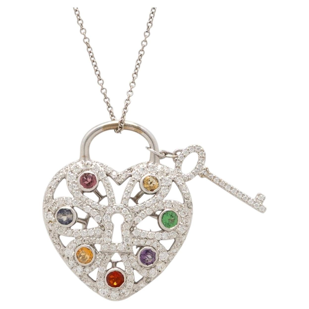 Tiffany & Co., Diamond And Multigem Heart Key Locket Pendant/Necklace For Sale