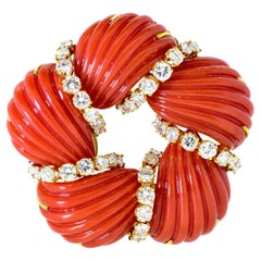 Tiffany & Co. Diamond and Oxblood Natural Coral Brooch, c. 1965
