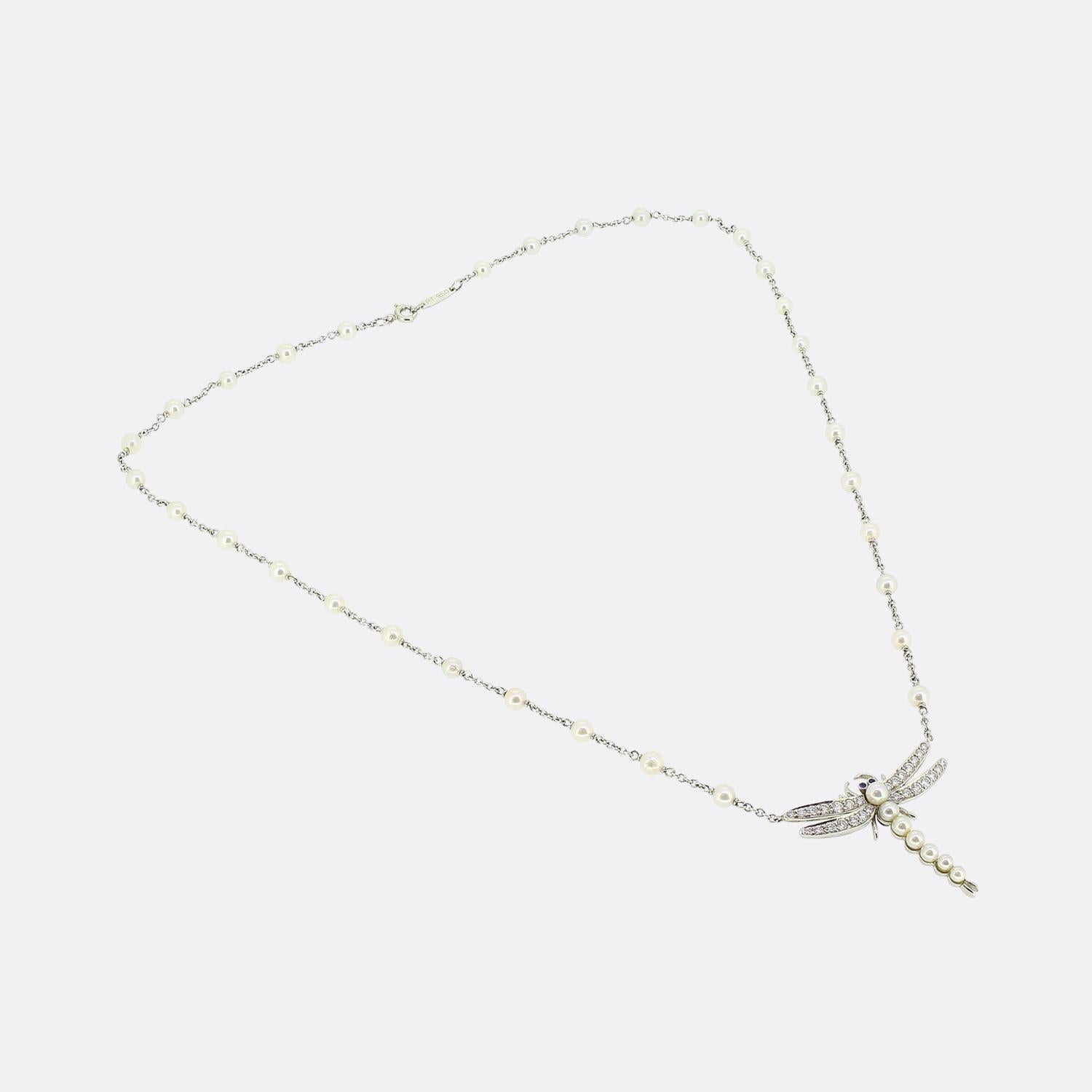 Tiffany & Co. Diamond and Pearl Dragonfly Necklace In Good Condition In London, GB