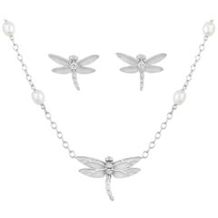 Tiffany & Co. Suite aus Halskette und Ohrringen mit Diamant- und Perlen-Anhänger mit Libellen