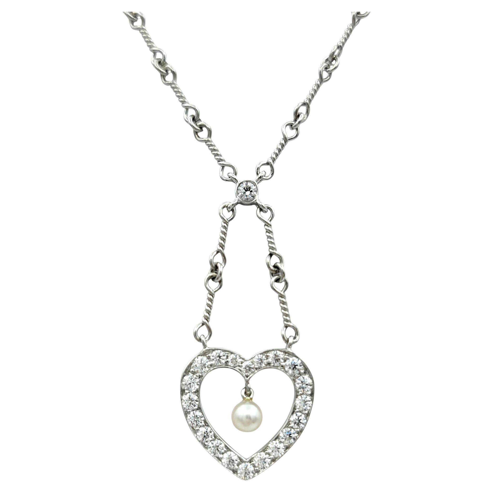 Tiffany & Co. Diamant und Perle offenes Herz Anhänger Halskette in Platin