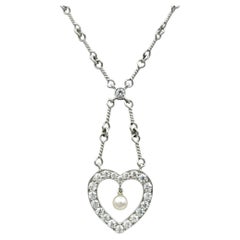 Tiffany & Co. Diamond and Pearl Open Heart Dangle Pendant Necklace in Platinum