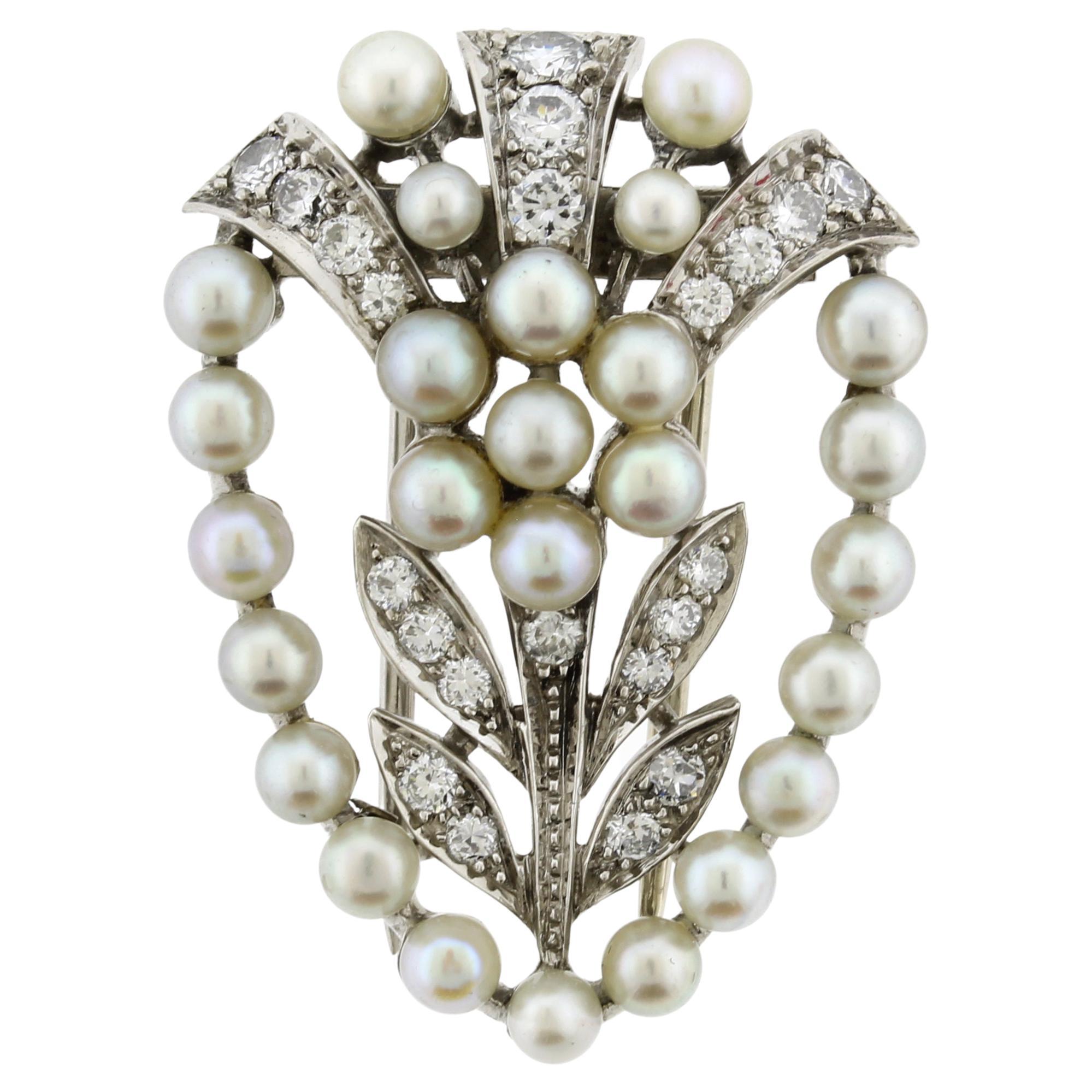 Tiffany & Co. Diamond and Pearl Palladium Flower Brooch