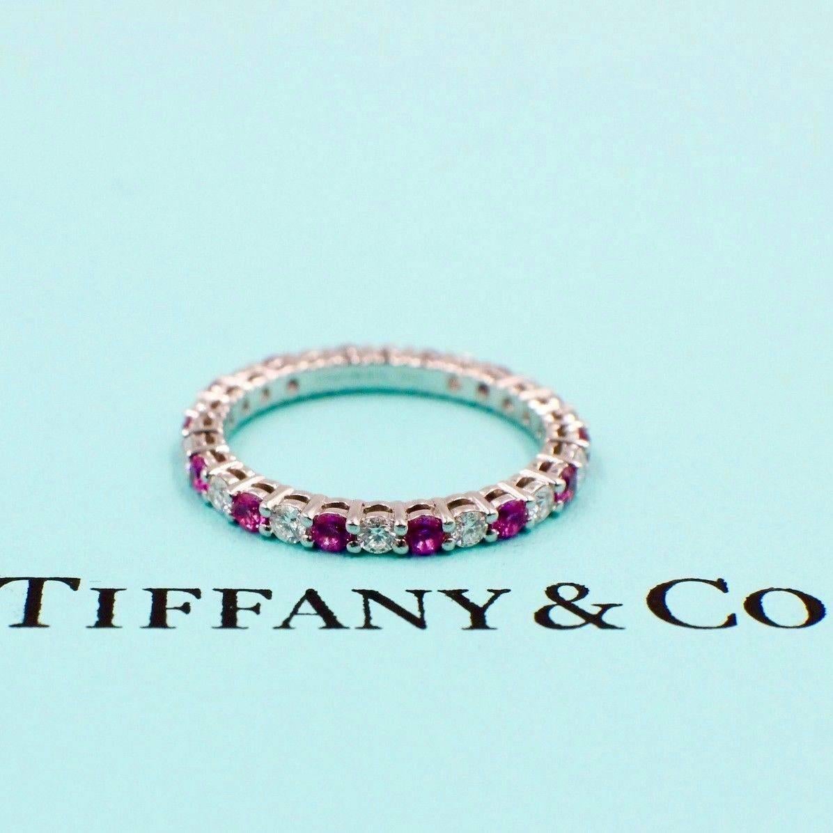 Round Cut Tiffany & Co. Diamond and Pink Sapphires Shared-Setting Band Ring in Platinum