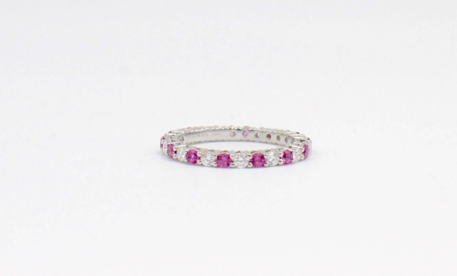 Tiffany & Co. Diamond and Pink Sapphires Shared-Setting Band Ring in Platinum In Excellent Condition In San Diego, CA