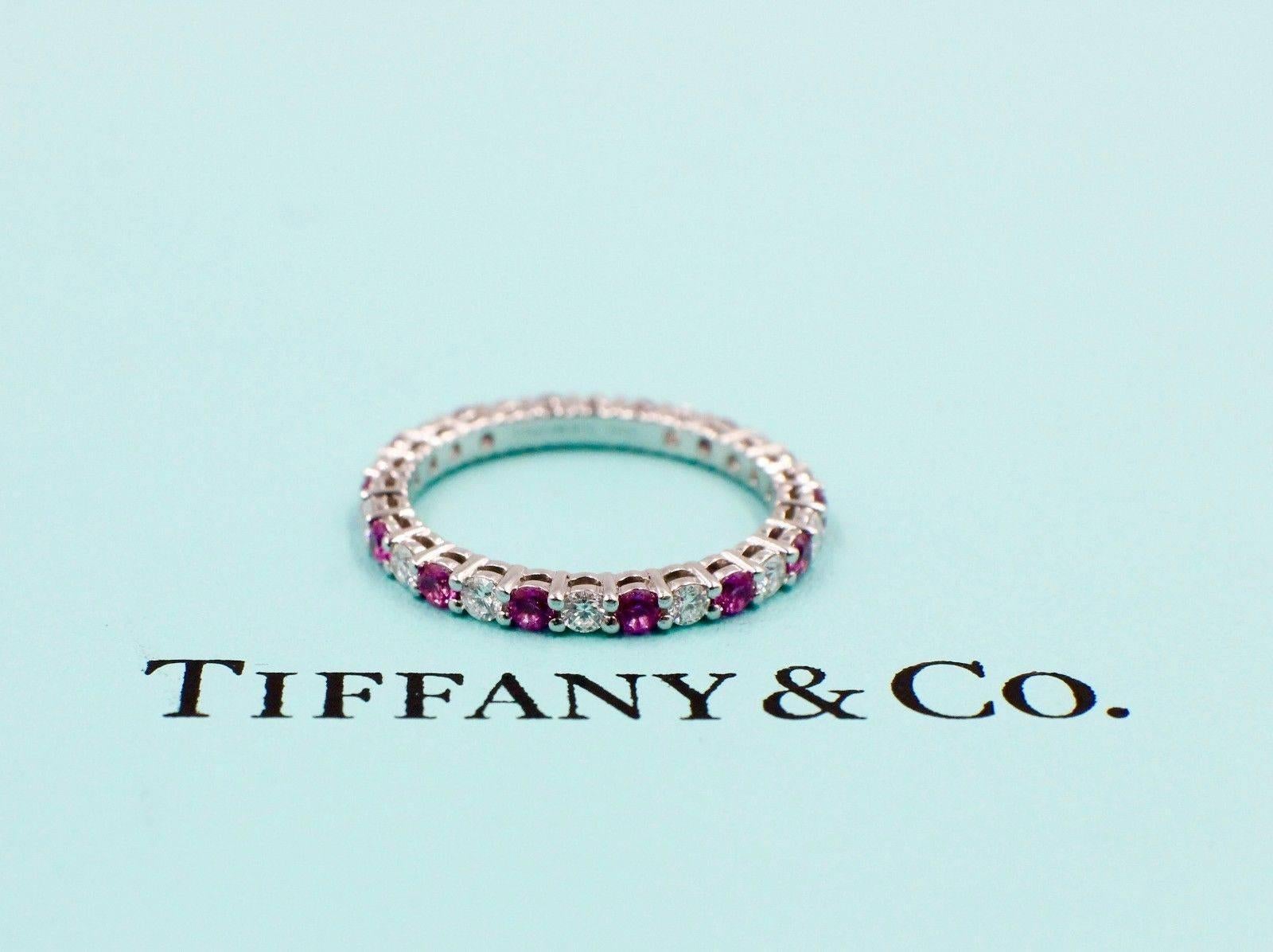 Women's or Men's Tiffany & Co. Diamond and Pink Sapphires Shared-Setting Band Ring in Platinum