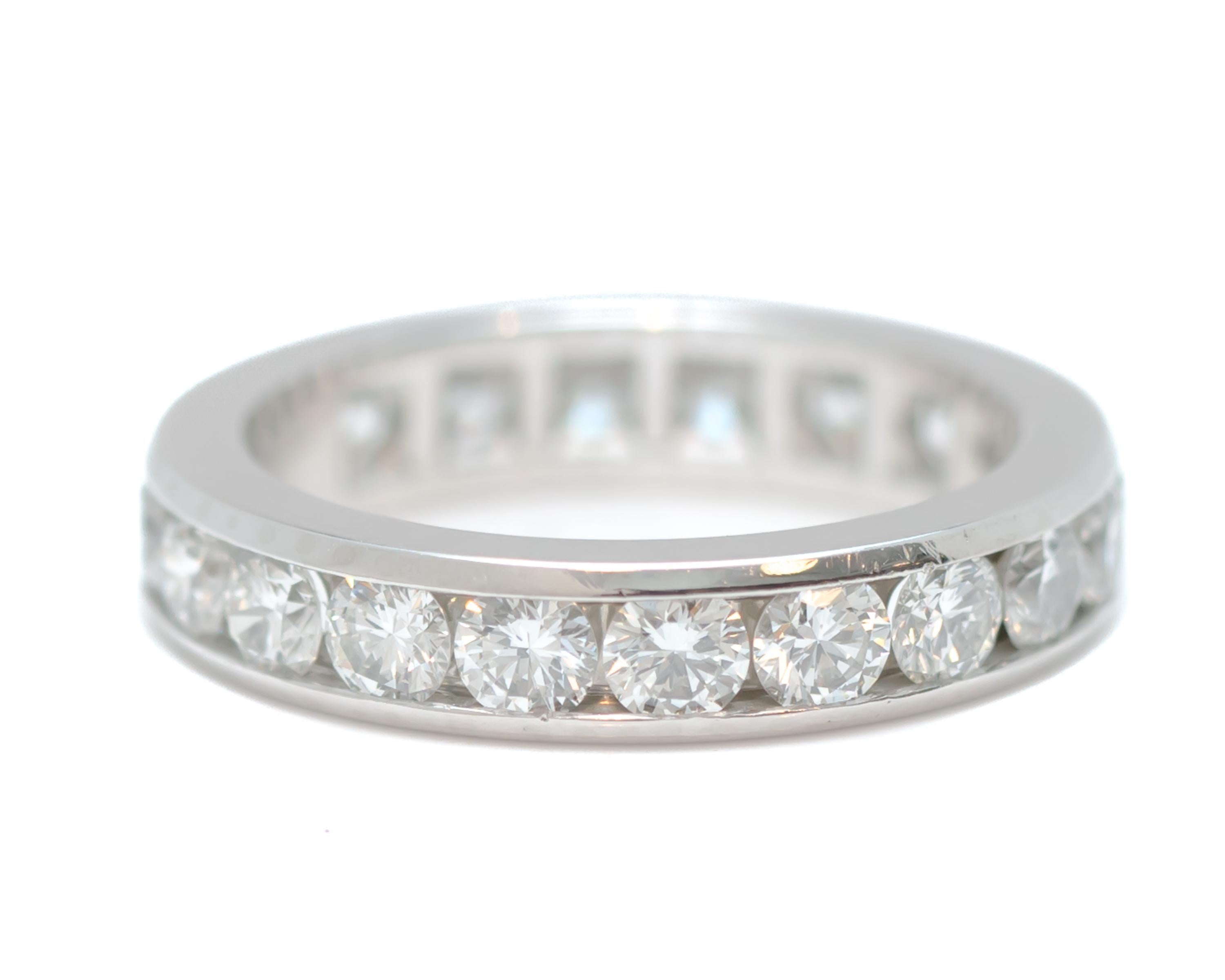 Tiffany and Co. 2.9 Carat total Diamond and Platinum Eternity Band 

Ring Details:
Size: 5.25, cannot be resized
Width: 4 millimeters
Finger to top of stone: 2 millimeters
Metal: Platinum
Weight: 5.9 grams
Hallmark: TIFFANY & CO. PT950

Diamond