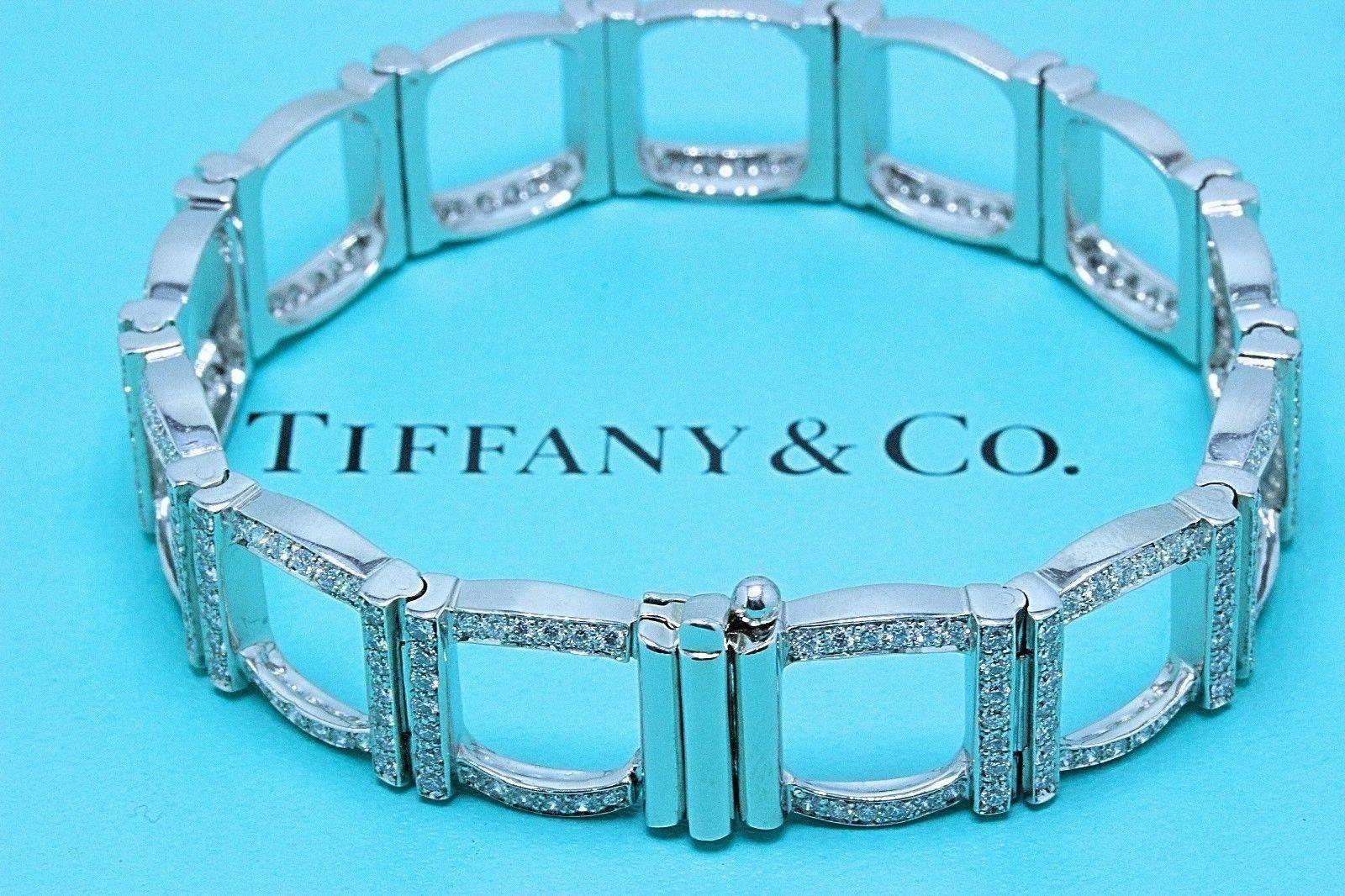 Tiffany & Co 

Round Diamond Square Link Pave Bracelet in Platinum.  
Length is 7 Inches.  
Total Carat Weight of 324 Round Brilliant Cut Diamonds is 4.00 TCW F - G color, VVS - VS clarity.  
Hallmark on clasp 