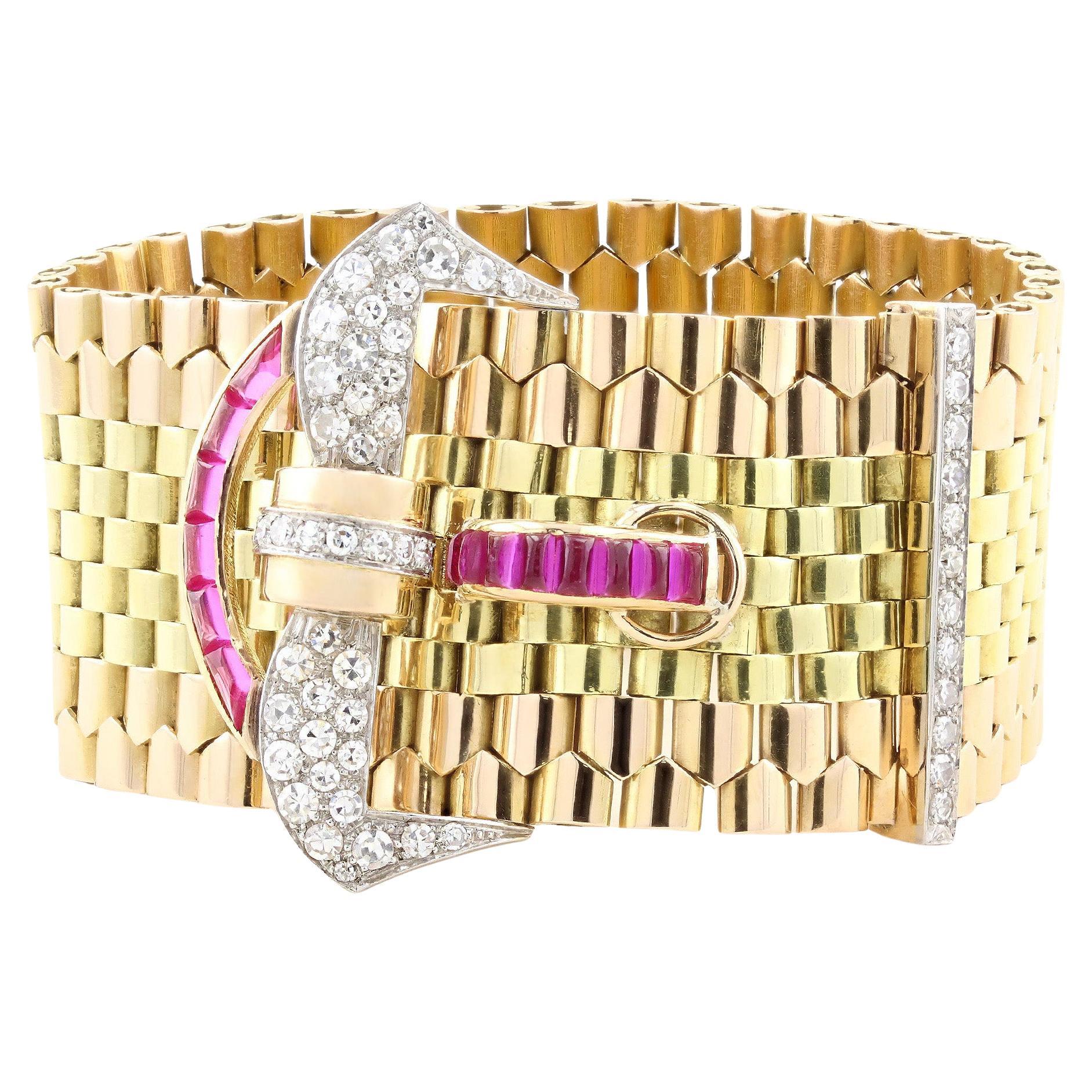 Pulsera hebilla de cinturón de oro de 18 ct con diamantes y rubíes Tiffany 
Co. en venta