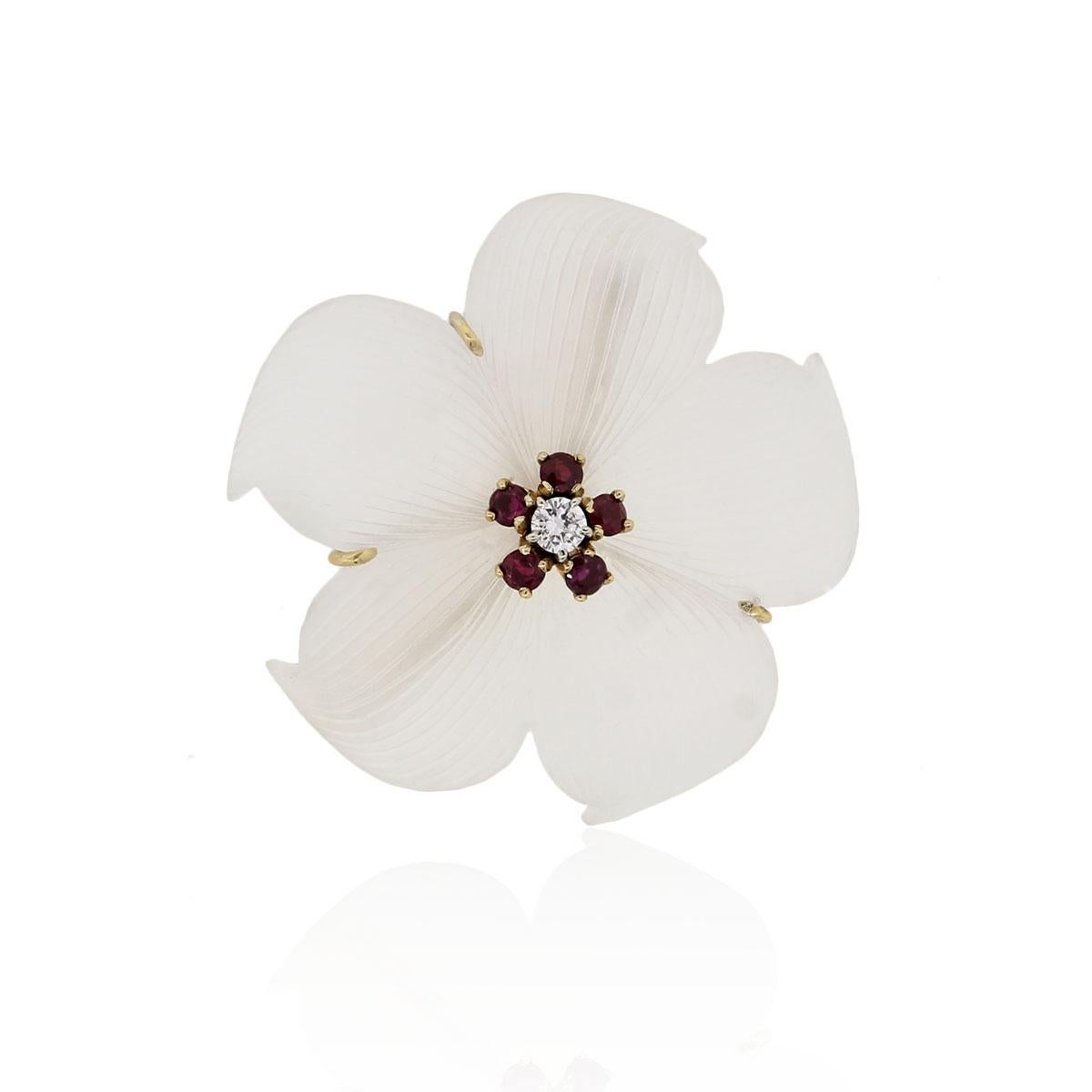 Romantic Tiffany & Co. Diamond and Ruby Floral 14-Karat Brooch Pin In Stock For Sale
