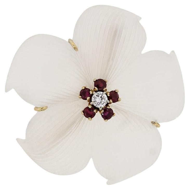 Tiffany & Co. Diamond and Ruby Floral 14-Karat Brooch Pin In Stock For Sale