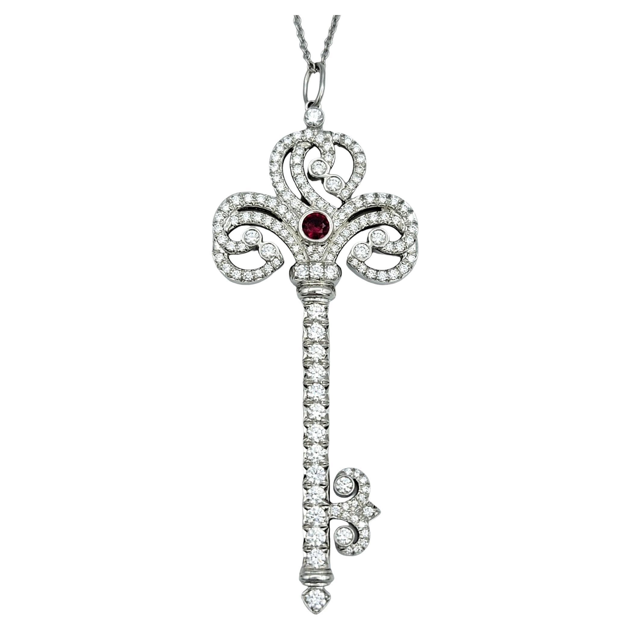 Contemporary Tiffany & Co. Diamond and Ruby Large Key Pendant Necklace in Polished Platinum For Sale
