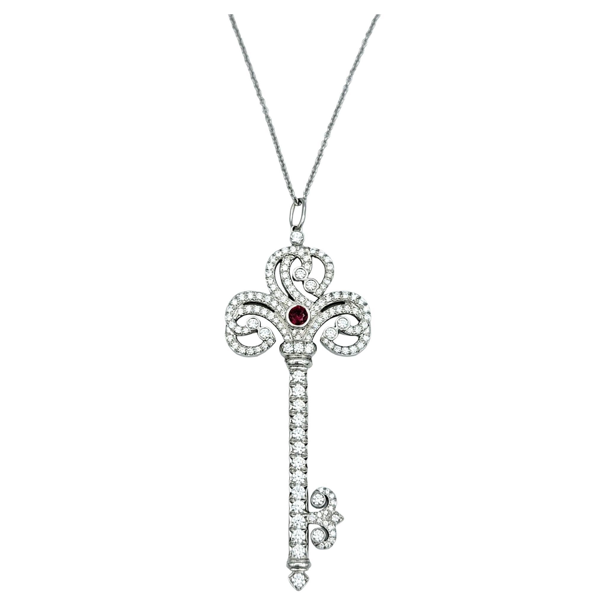 Round Cut Tiffany & Co. Diamond and Ruby Large Key Pendant Necklace in Polished Platinum For Sale
