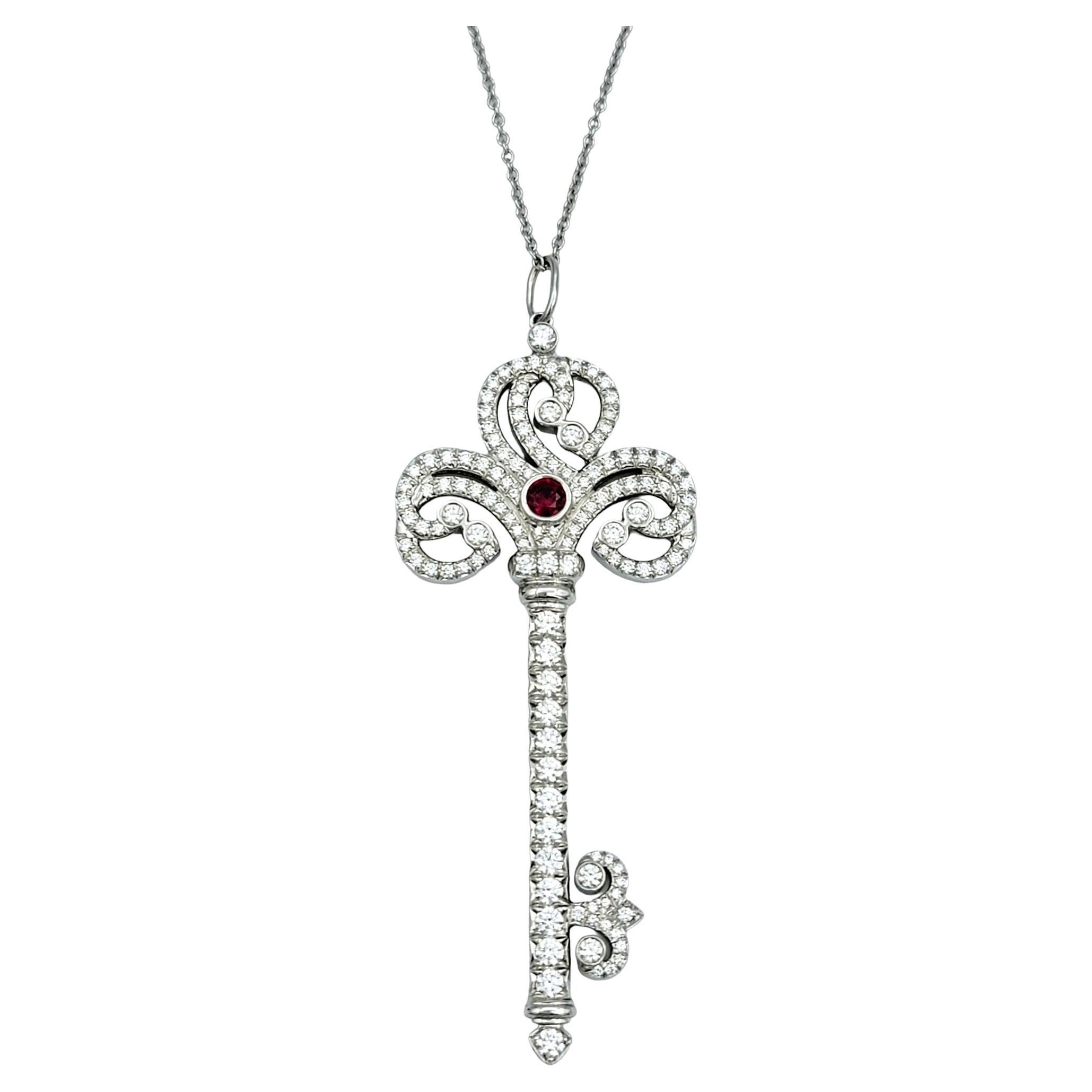 Tiffany & Co. Diamond and Ruby Large Key Pendant Necklace in Polished Platinum For Sale