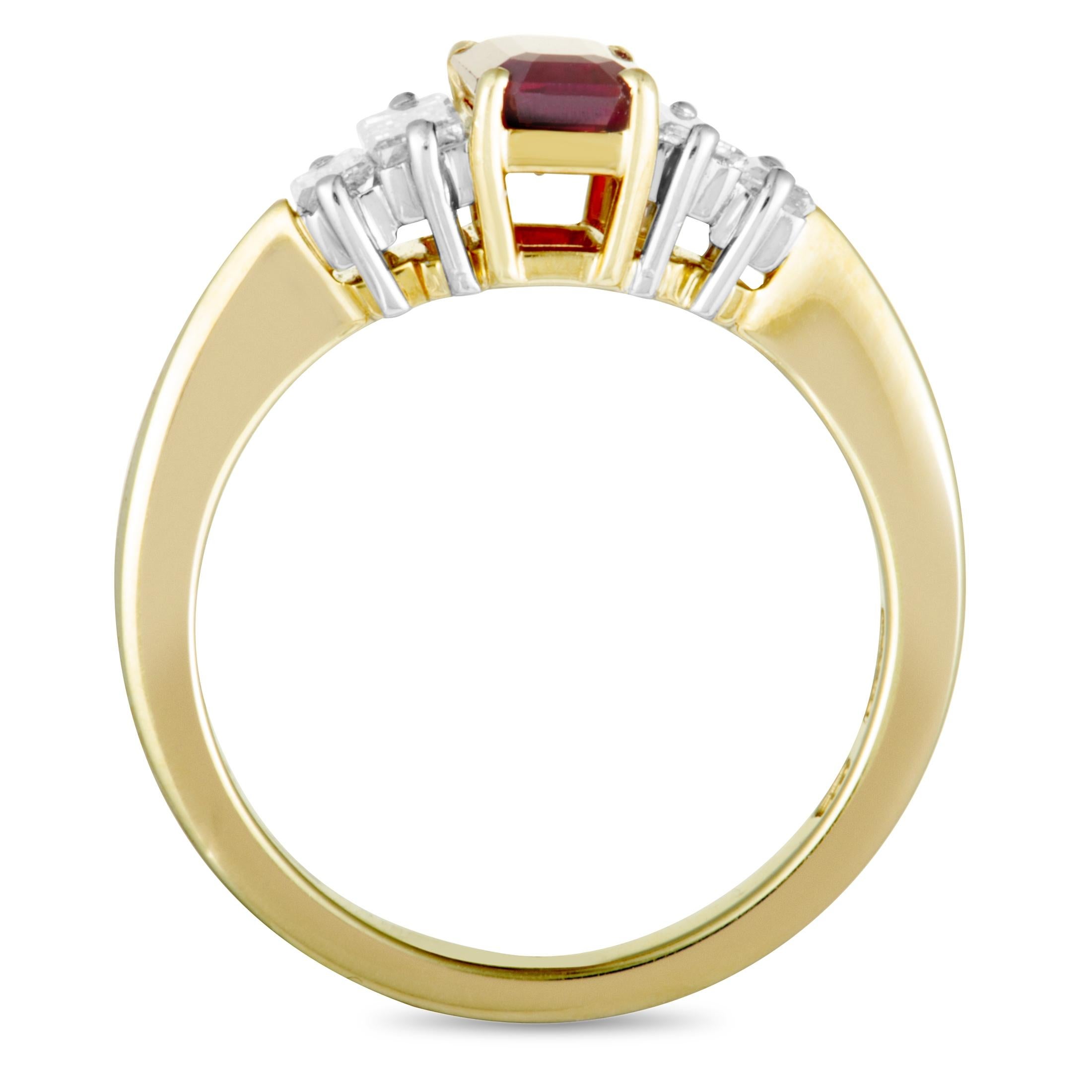 A design that exudes classic elegance is beautifully presented in prestigious 18K yellow gold and platinum in this exceptional Tiffany & Co. ring that is embellished with expertly cut gemstones. The ring is set with a ruby that weighs 1.12 carats