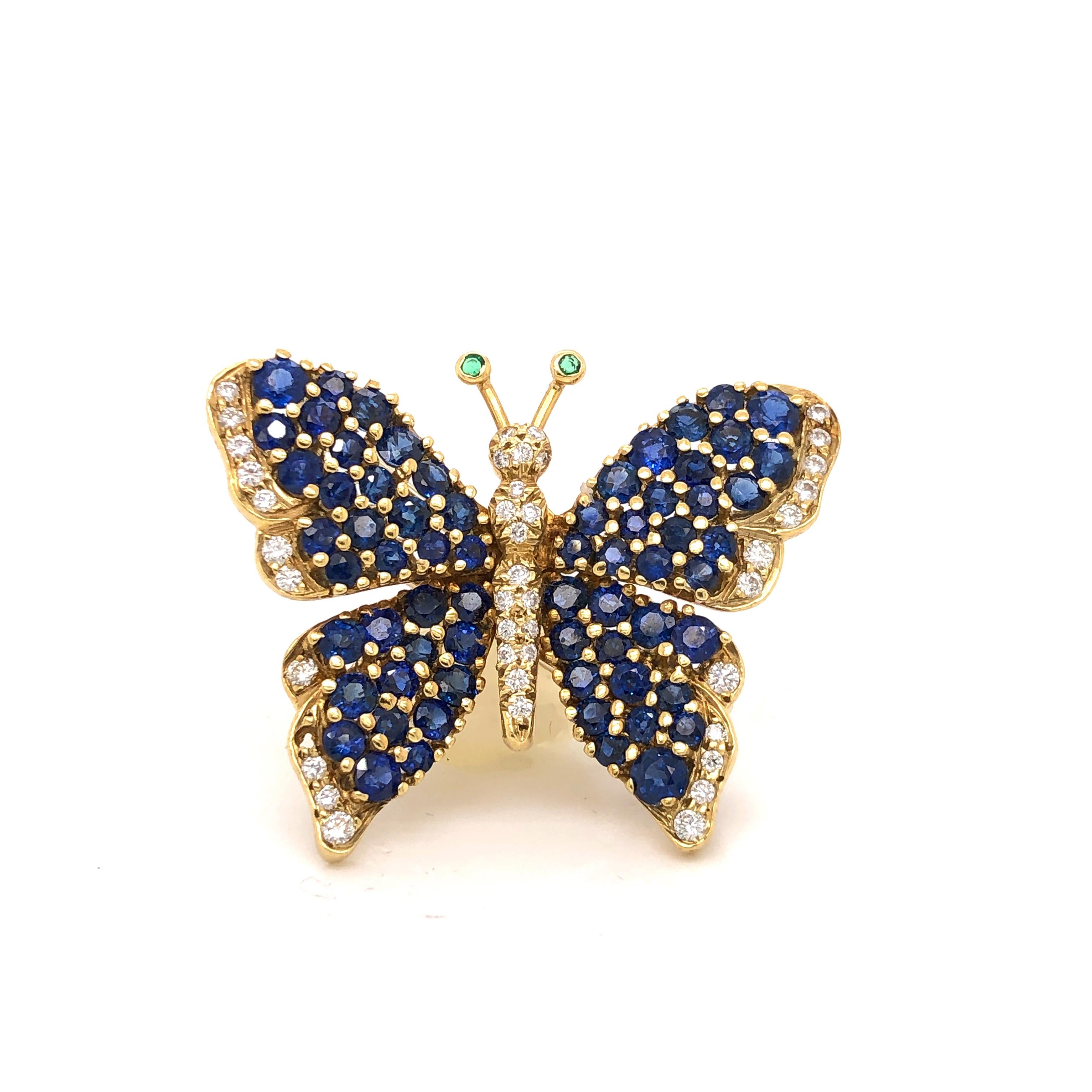 Round Cut Tiffany & Co. Diamond and Sapphire 18 Karat Yellow Gold Butterfly Brooch
