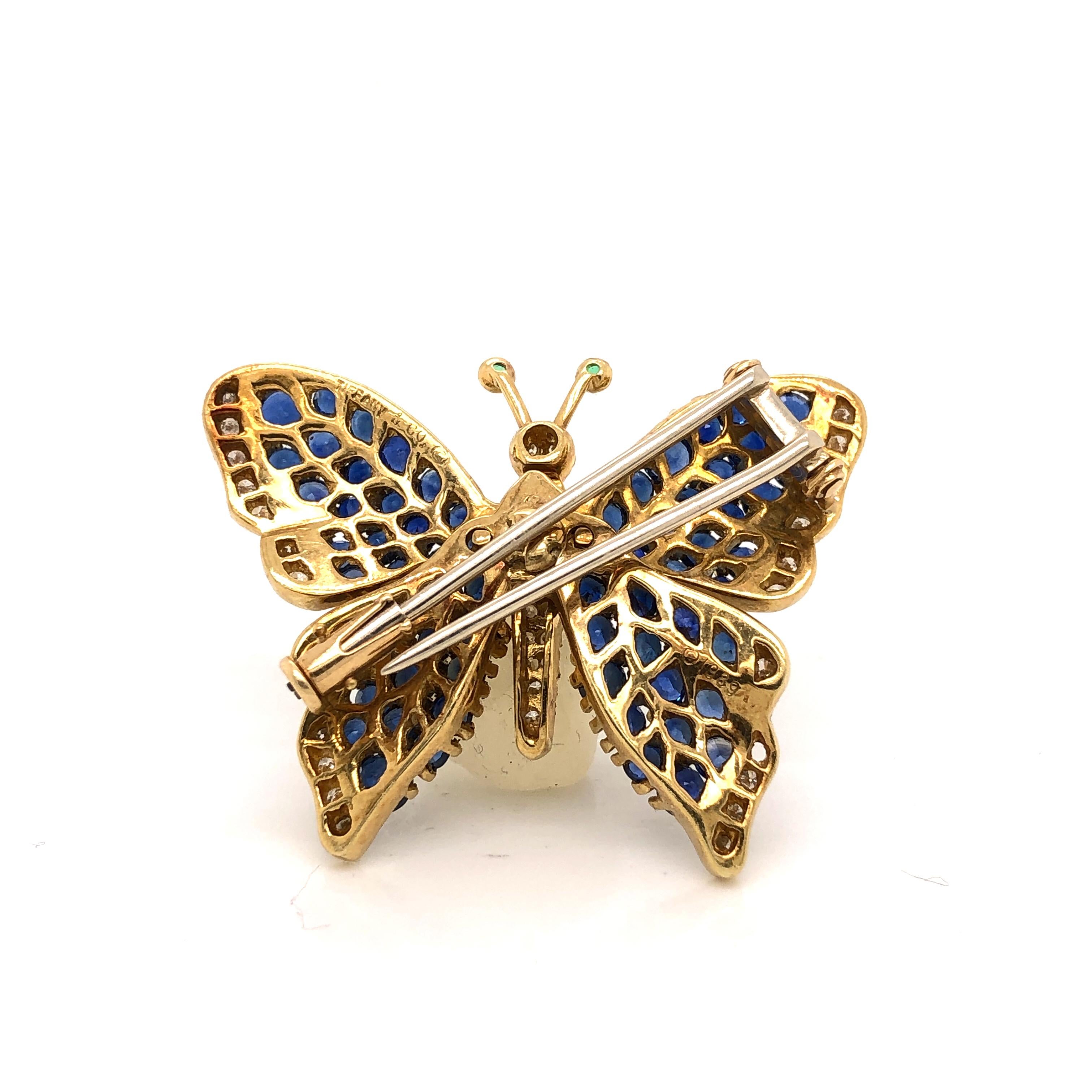 Women's or Men's Tiffany & Co. Diamond and Sapphire 18 Karat Yellow Gold Butterfly Brooch