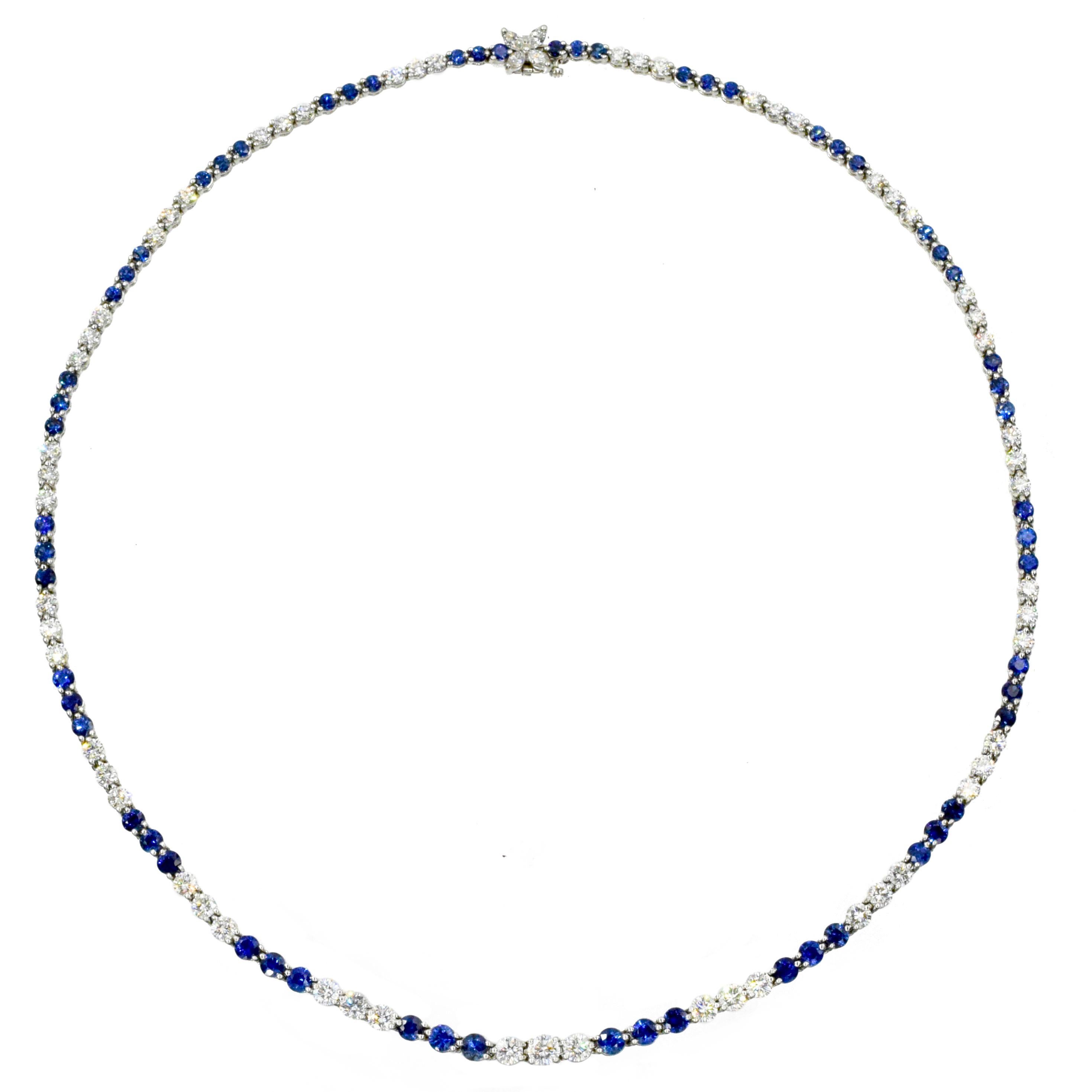 Elegant Tiffany and Co Diamond & Sapphire Necklace!
Round shape 60 sapphires with total weight of 6.45 carats alternating with 57 fine quality brilliant shape diamonds  with 5.40 carats. 
The clasp has 4 marque shape diamonds with 0.60