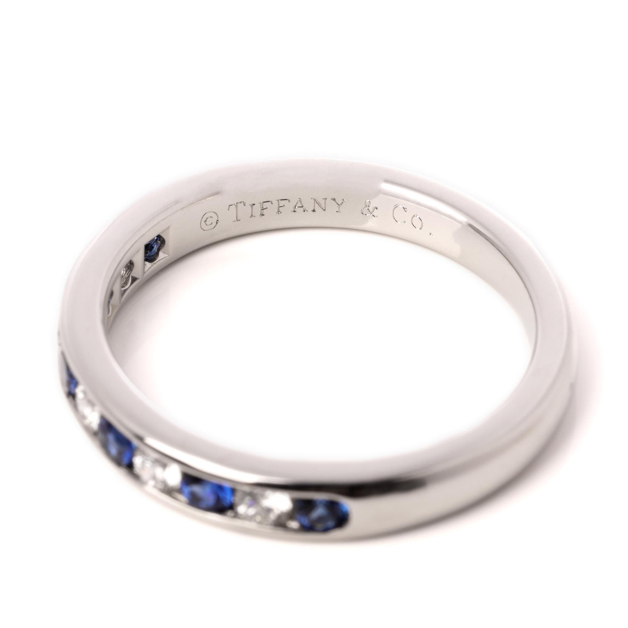 This ring by Tiffany & Co features 6 round brilliant Sapphires and 5 round brilliant Diamonds. 
RRP	£3,075
ITEM CONDITION	Excellent
MANUFACTURER	Tiffany & Co.
GENDER	Women's
UK RING SIZE	L
EU RING SIZE	51
US RING SIZE	6
BAND WIDTH	3mm
TOTAL