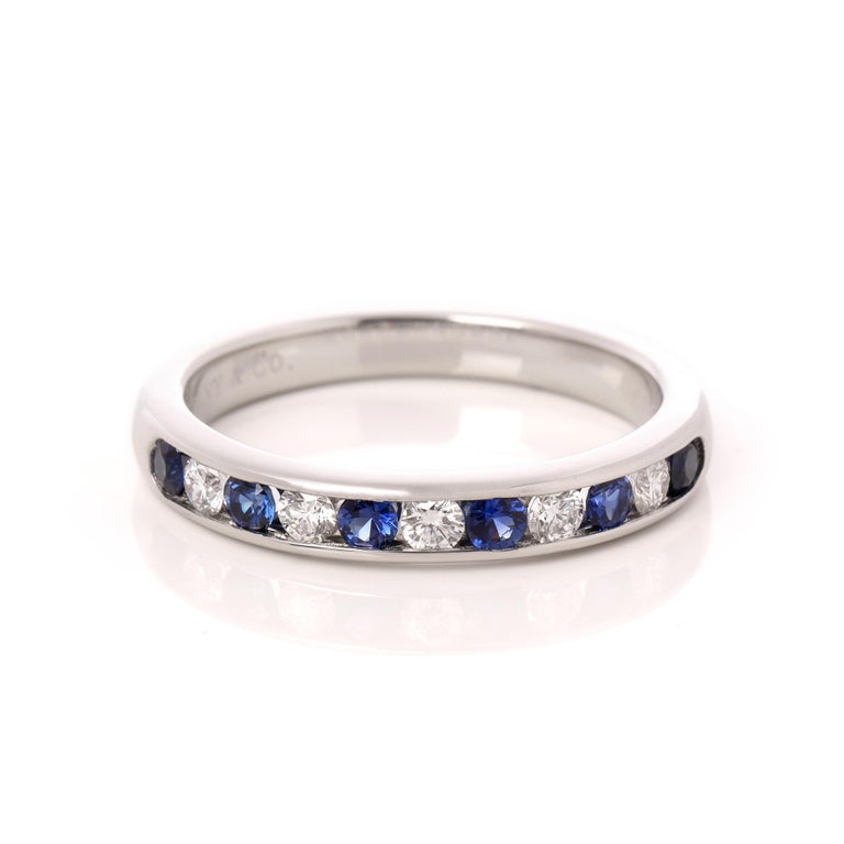 Round Cut Tiffany & Co. Diamond and Sapphire Wedding Band Ring For Sale