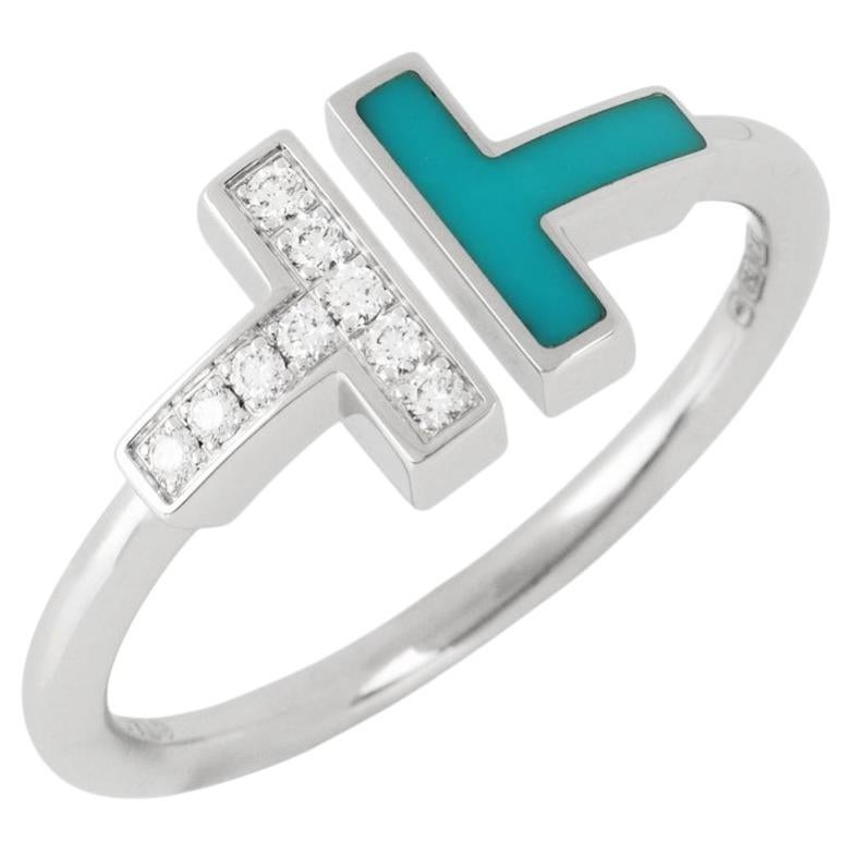 Tiffany & Co. Diamond and Turquoise 18ct White Gold Tiffany T Ring For Sale