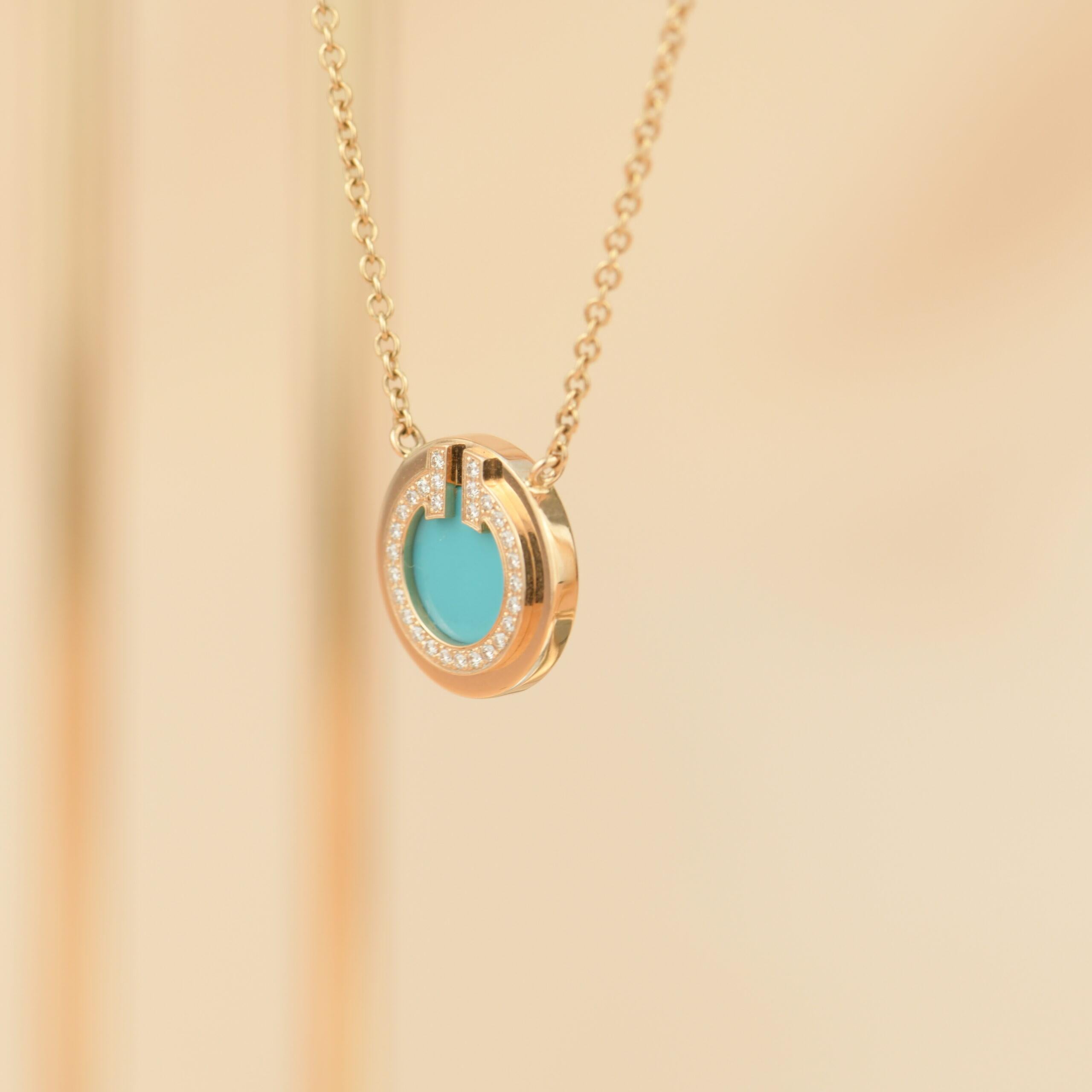 Tiffany & Co. Diamond and Turquoise Circle Pendant Necklace In Excellent Condition In Banbury, GB