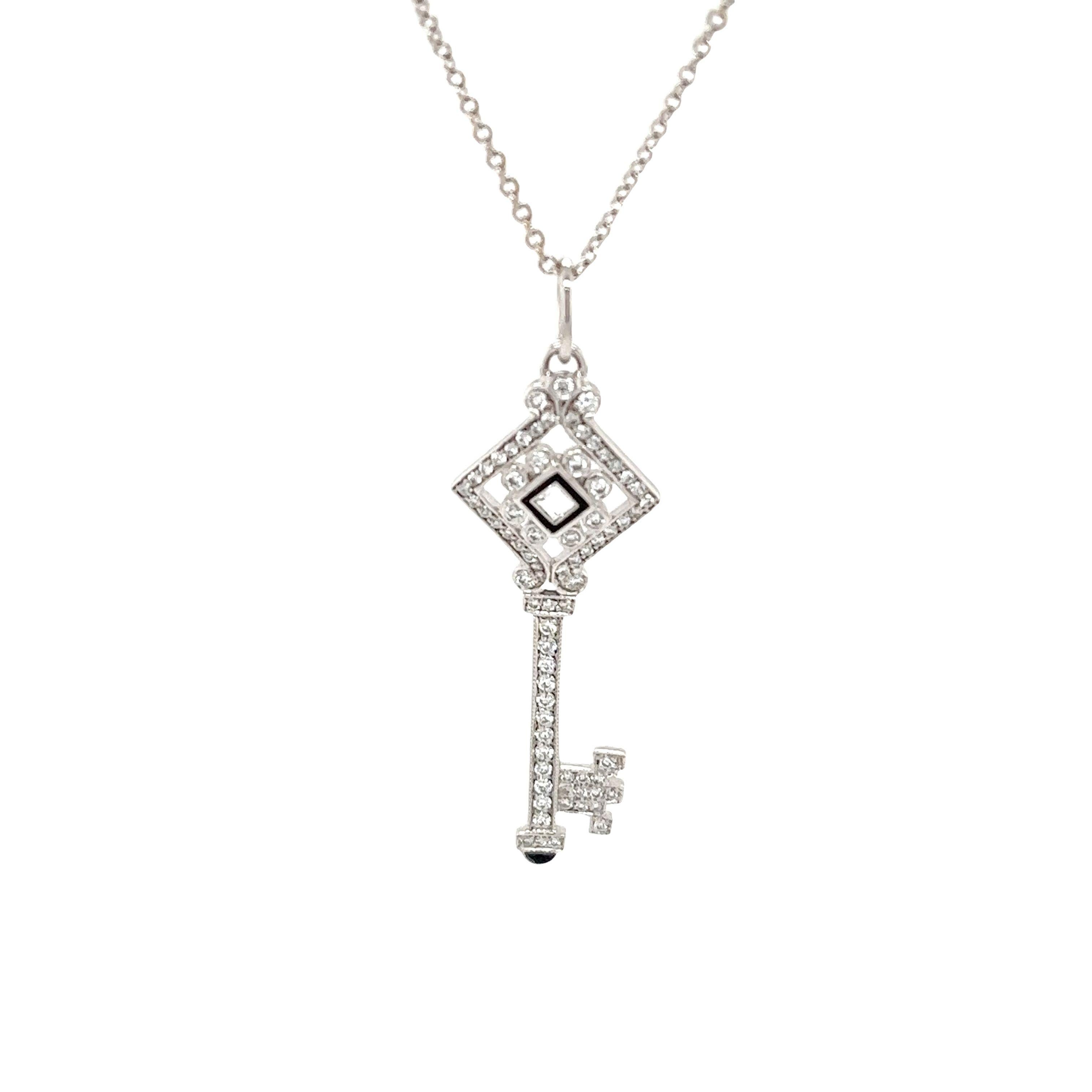 Tiffany & Co. Diamond Black Enamel 18ct White Gold Key Pendant Necklace For Sale 5