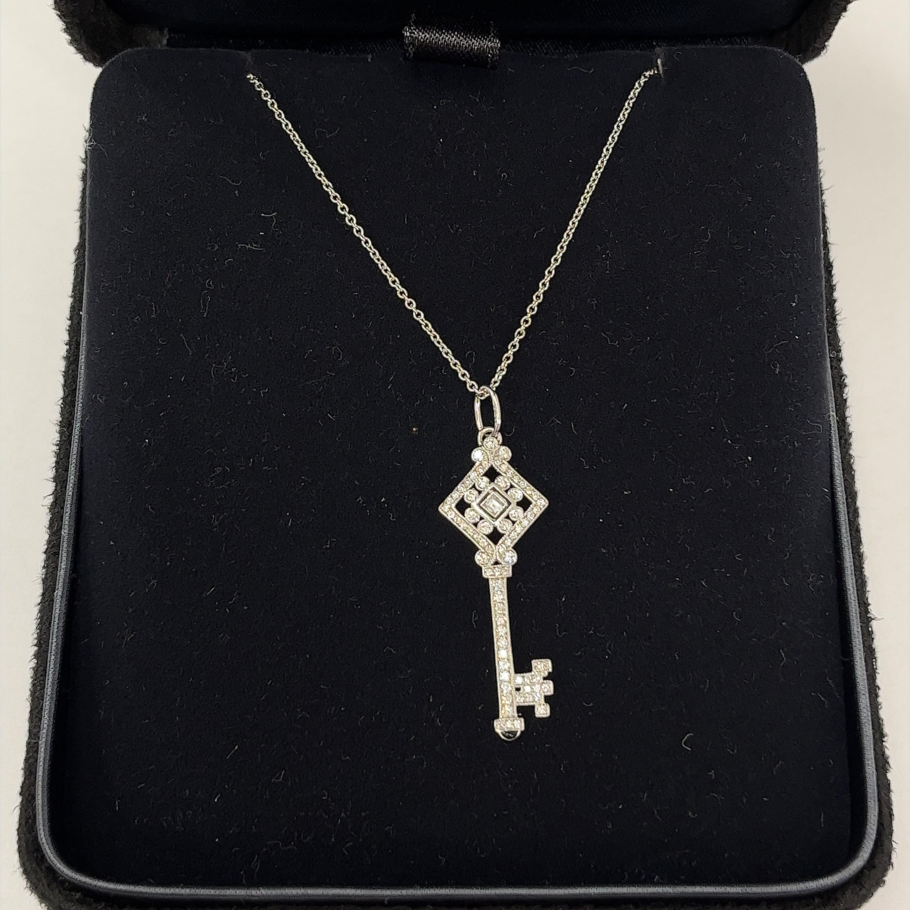 Brilliant Cut Tiffany & Co. Diamond Black Enamel 18ct White Gold Key Pendant Necklace For Sale