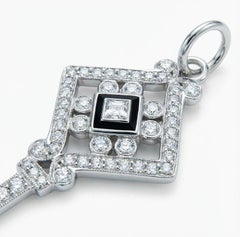 Tiffany & Co Diamond Black Enamel Key Pendant Necklace 18K White Gold