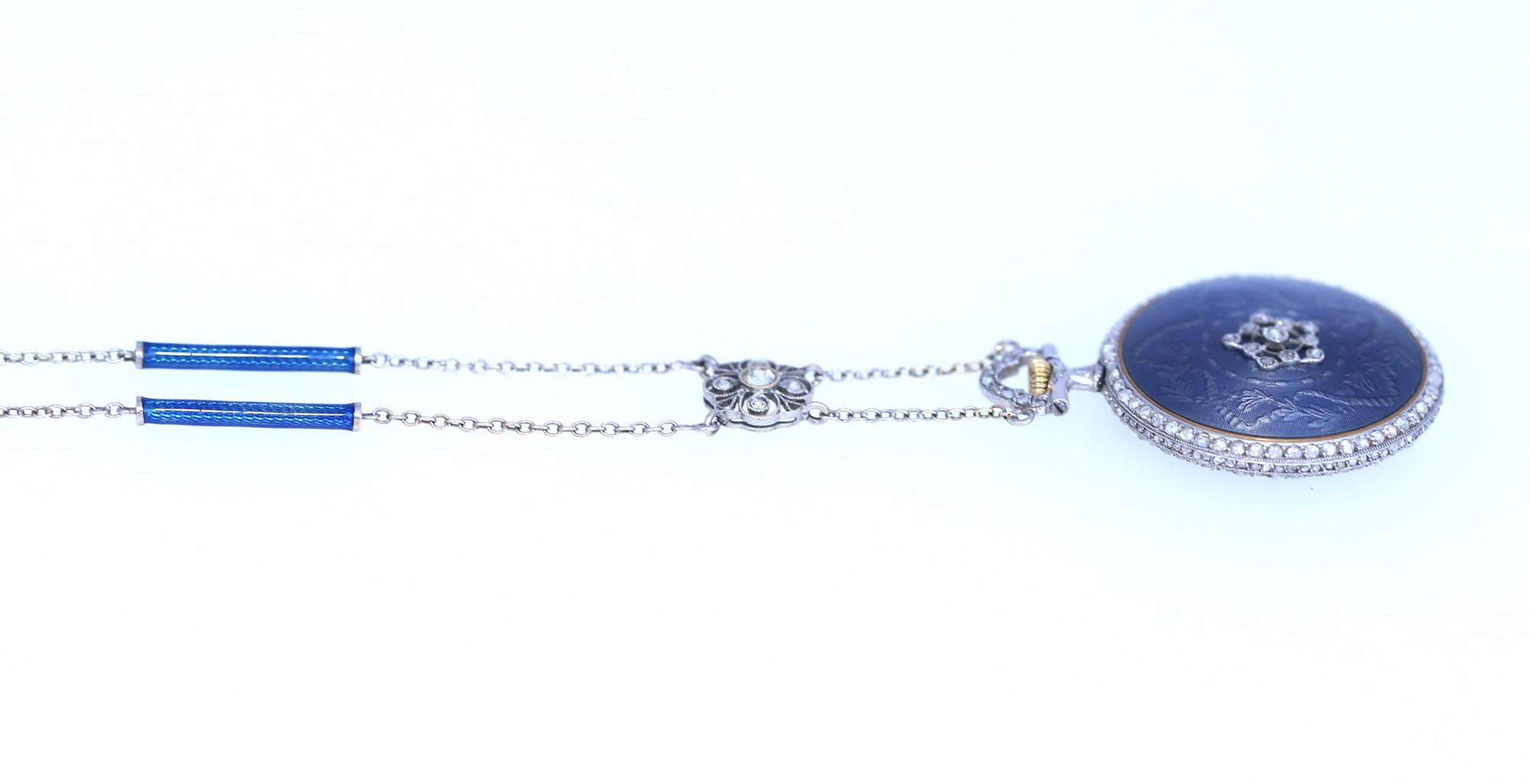 Tiffany & Co. Diamond Blue Enamel Watch Pendant, France, 1905 2