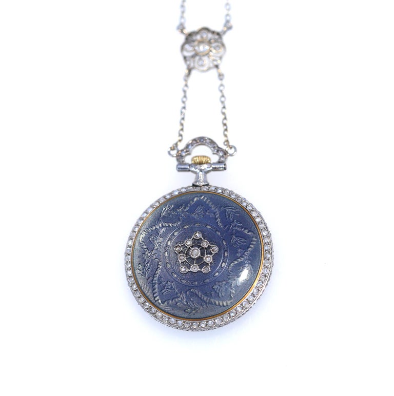 Tiffany and Co. Diamond Blue Enamel Watch Pendant, France, 1905 at 1stDibs