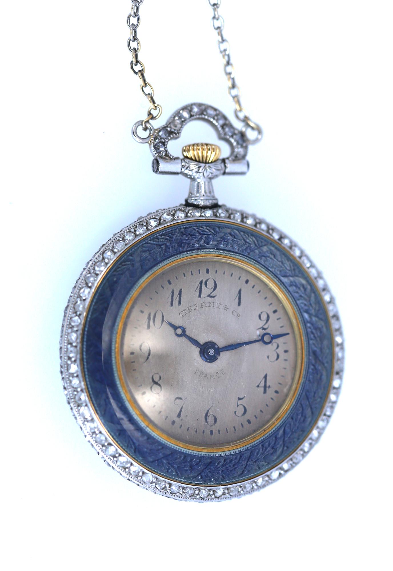 Round Cut Tiffany & Co. Diamond Blue Enamel Watch Pendant, France, 1905