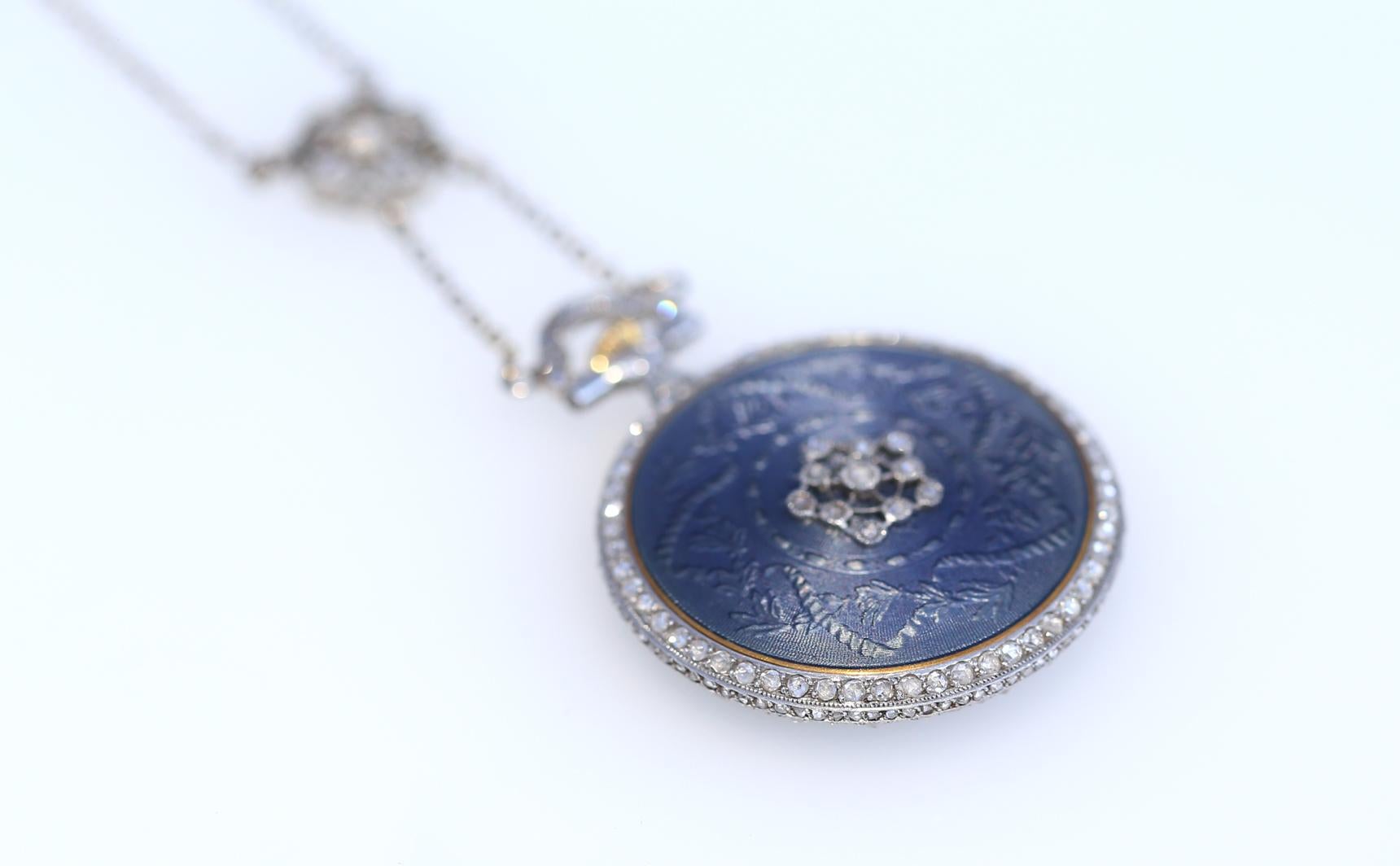 Tiffany & Co. Diamond Blue Enamel Watch Pendant, France, 1905 In Fair Condition In Herzelia, Tel Aviv