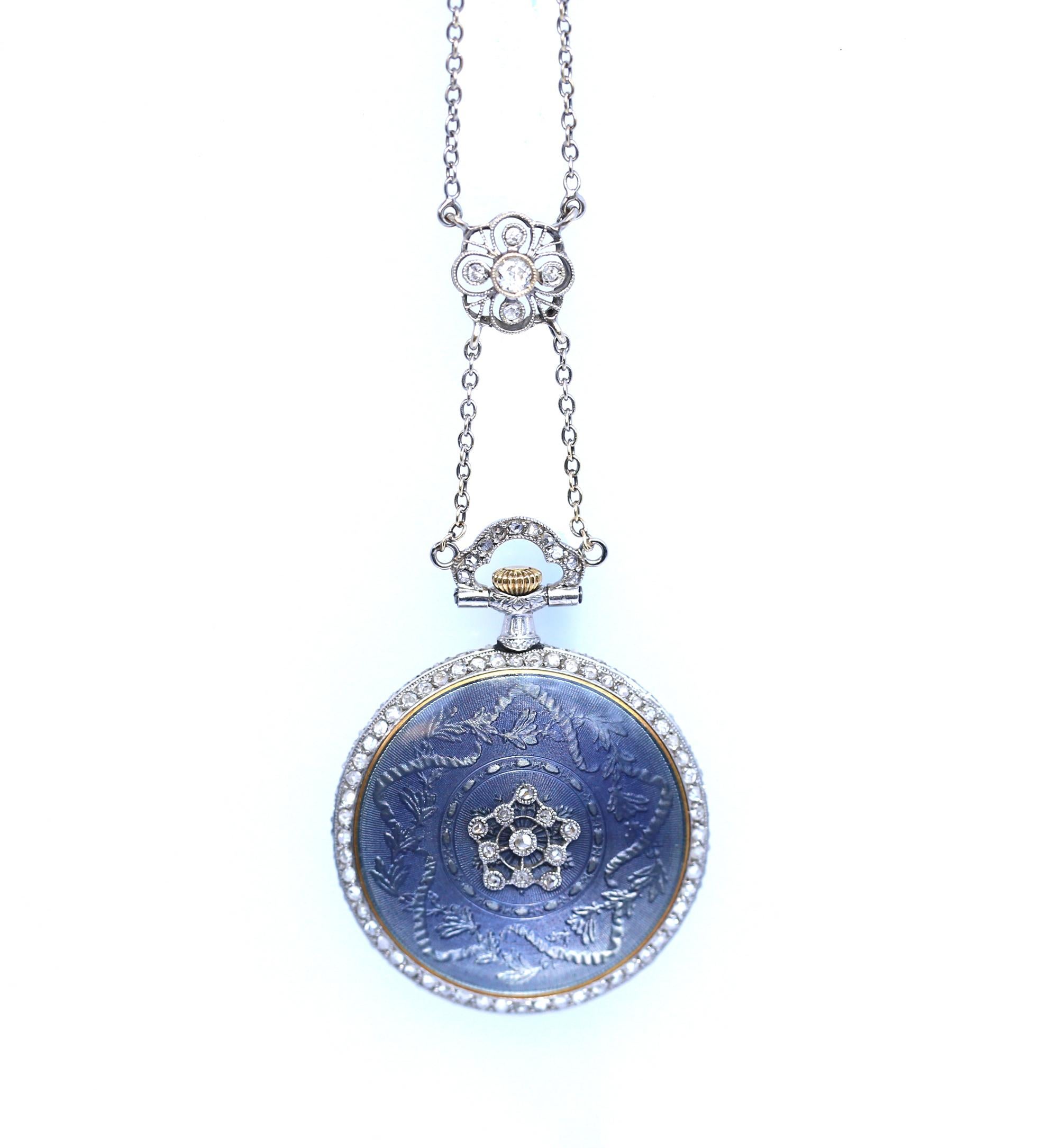 Tiffany & Co. Diamond Blue Enamel Watch Pendant, France, 1905 1