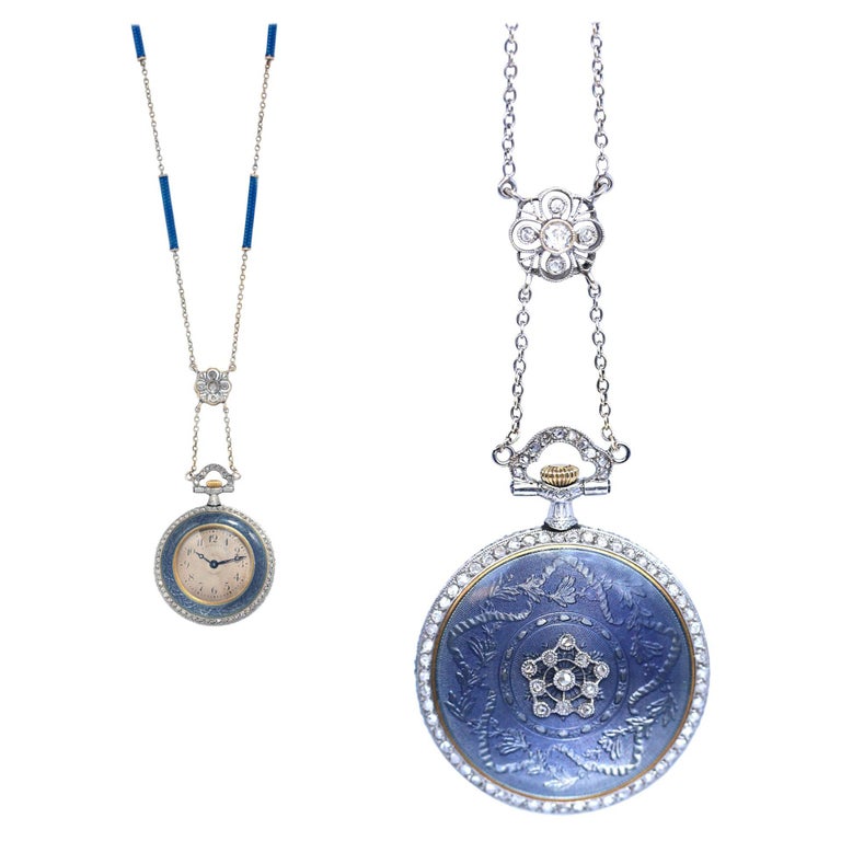 Tiffany and Co. Diamond Blue Enamel Watch Pendant, France, 1905 at 1stDibs