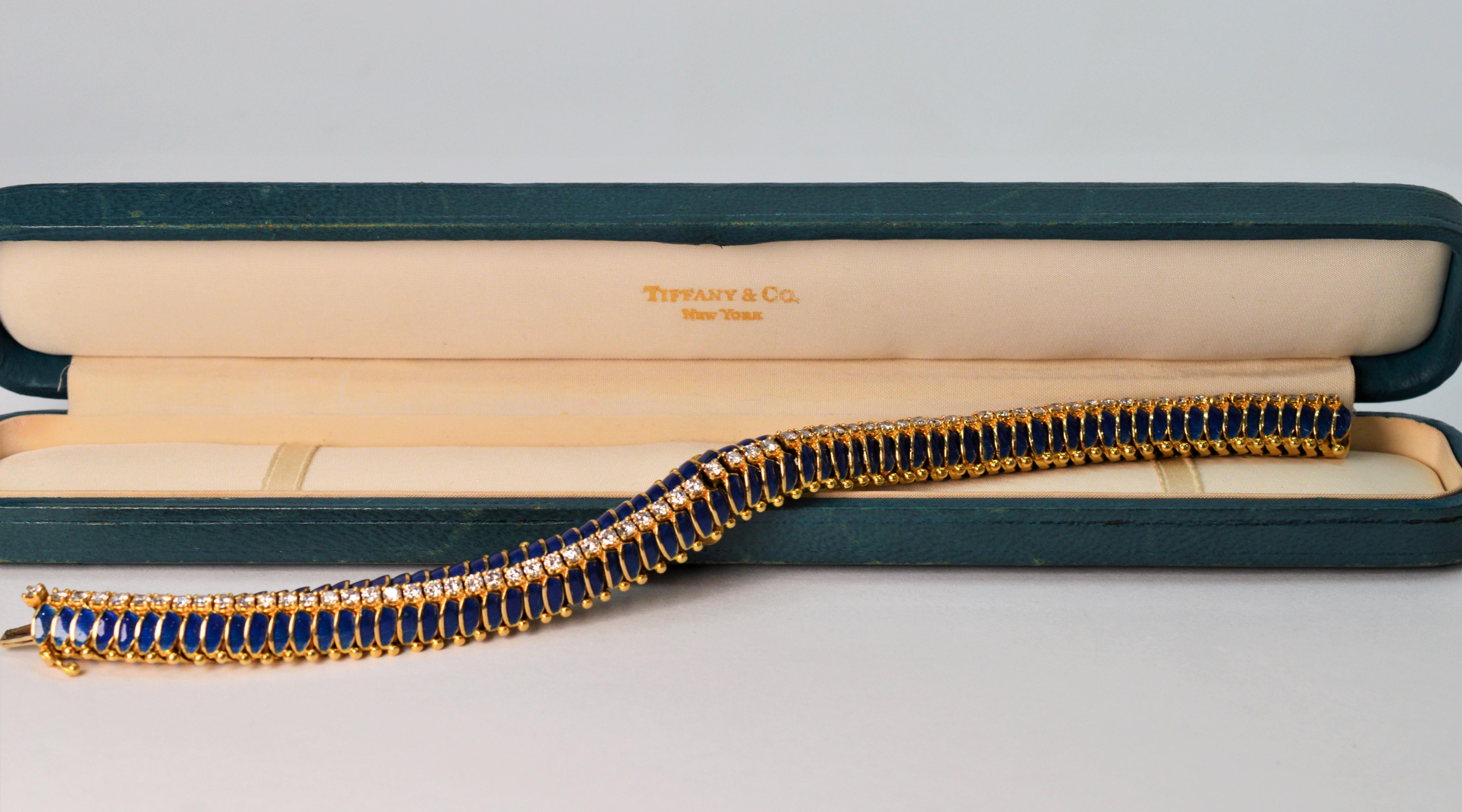 Tiffany & Co. Diamond Blue Enamel Yellow Gold Bracelet For Sale 12