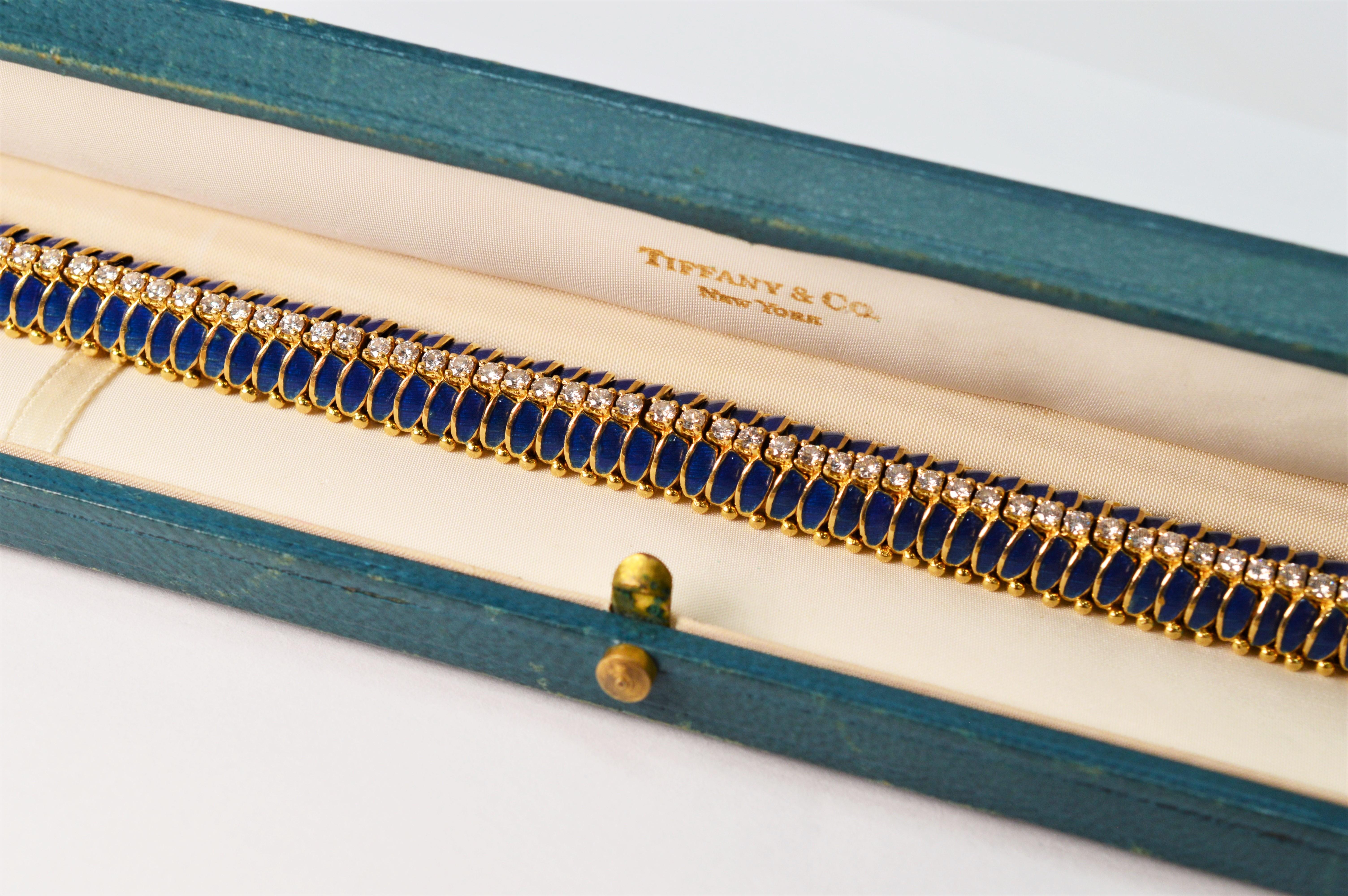 Round Cut Tiffany & Co. Diamond Blue Enamel Yellow Gold Bracelet For Sale