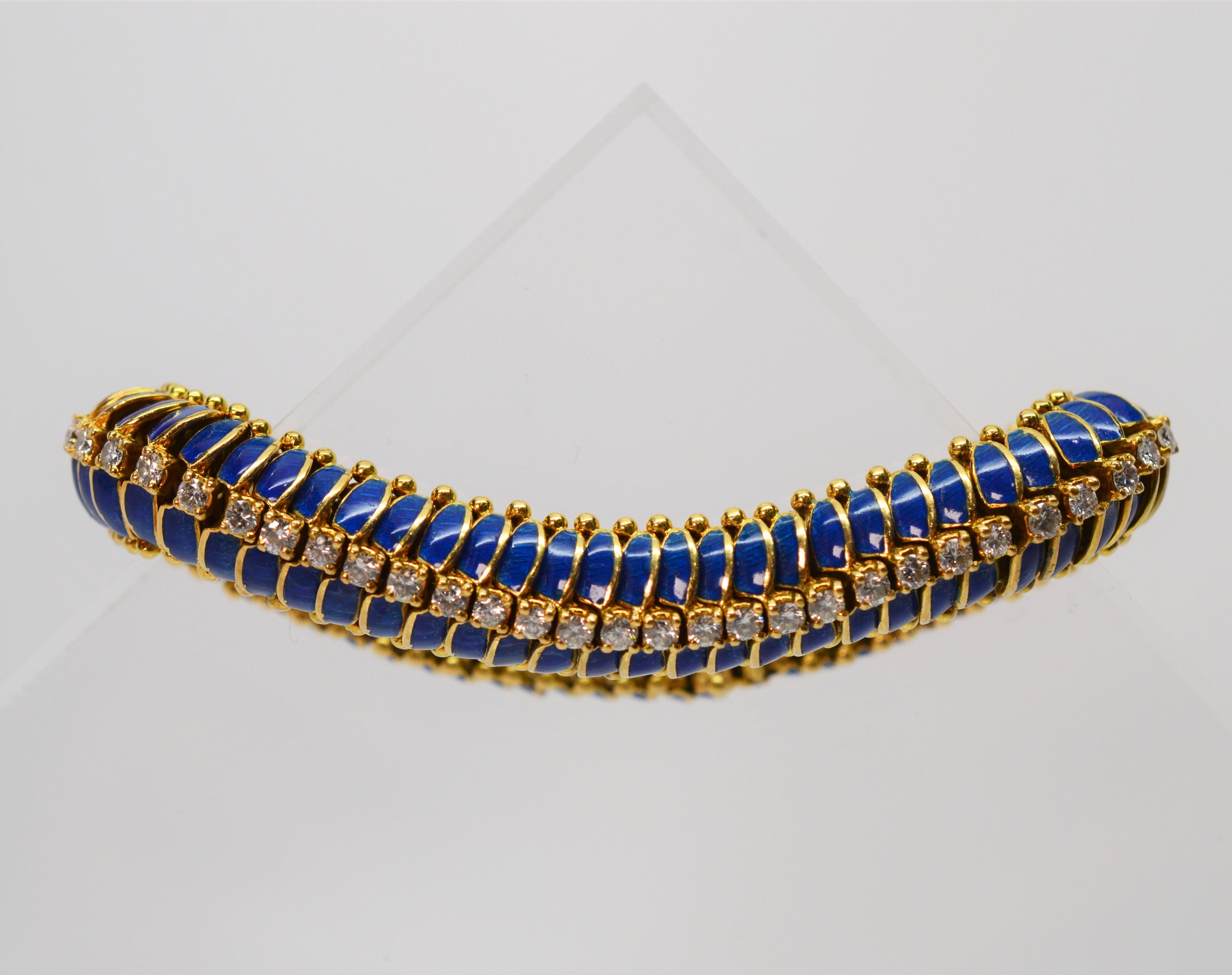 Tiffany & Co. Diamond Blue Enamel Yellow Gold Bracelet In Excellent Condition For Sale In Mount Kisco, NY