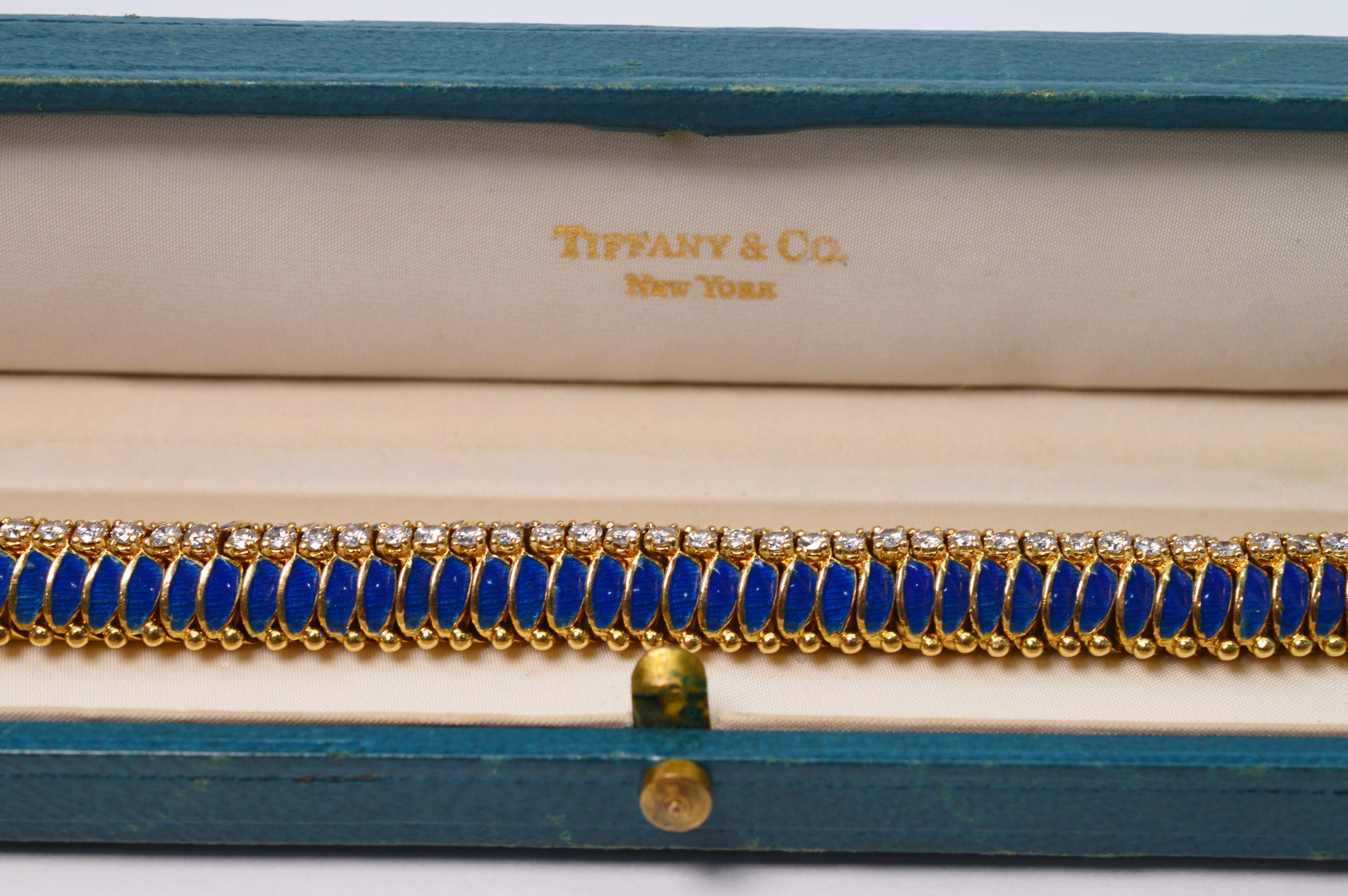 Tiffany & Co. Diamond Blue Enamel Yellow Gold Bracelet For Sale 1