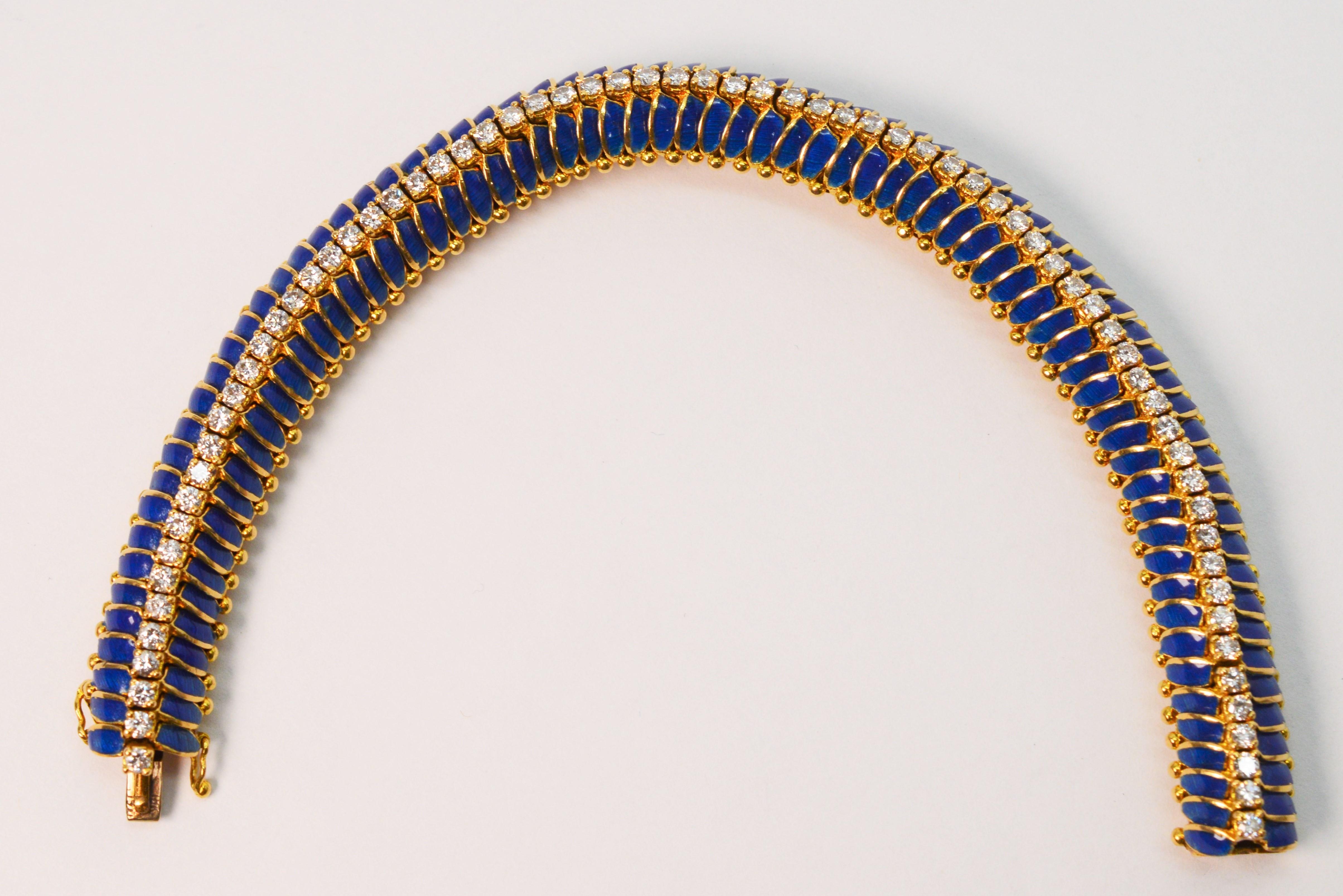 Tiffany & Co. Diamant-Gelbgoldarmband mit blauer Emaille im Angebot 3